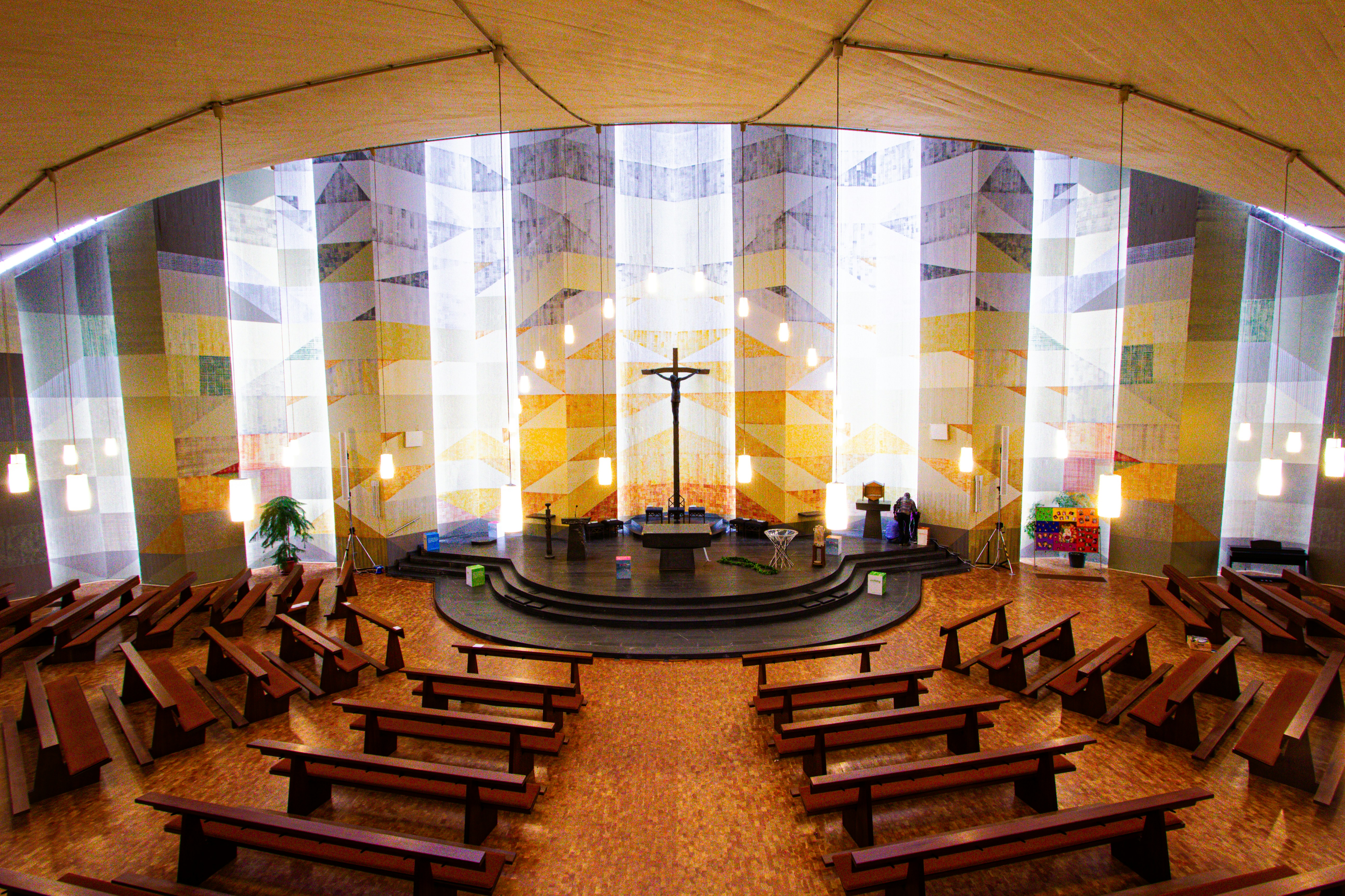 Modern church interior with altar and pews