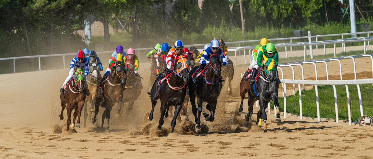Field of jockeys racing down a dirt track