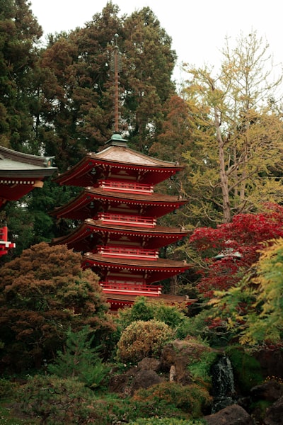 Red Japanese pagoda surrounded by lush autumn foliage