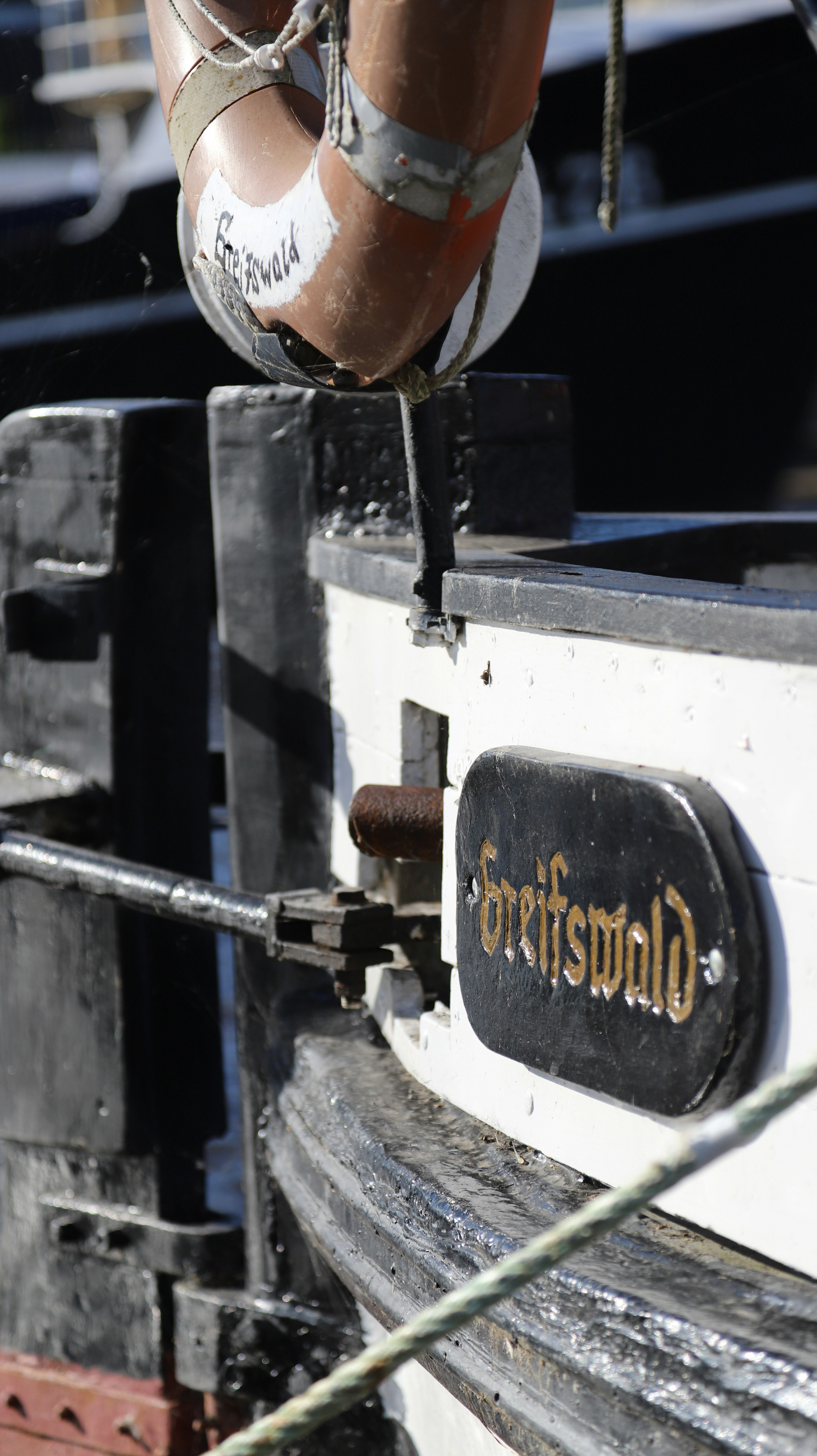 Life preserver on a boat named greifswald
