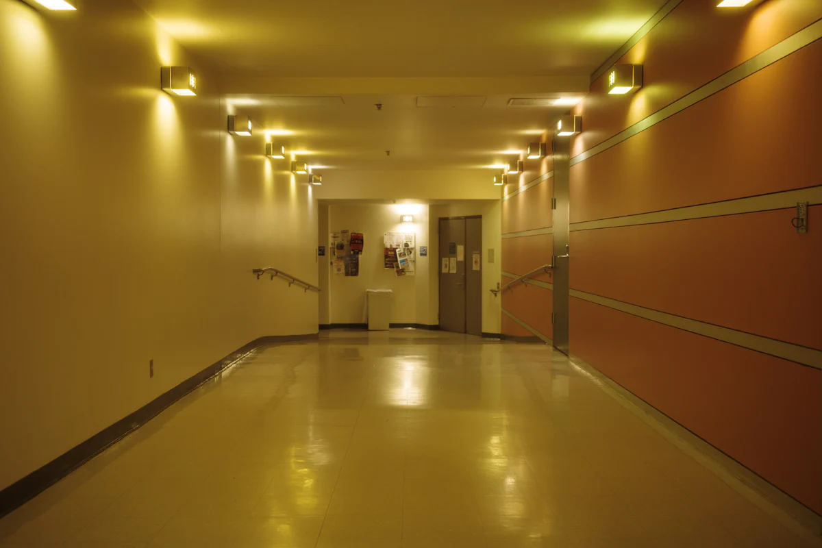 Well-lit hospital corridor