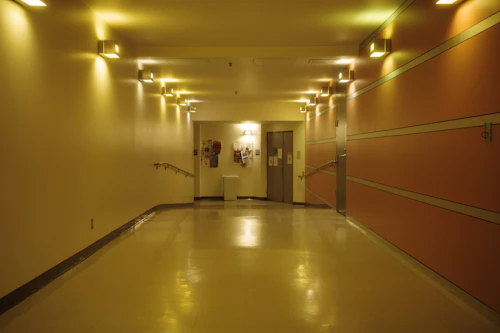 Well-lit hospital hallway