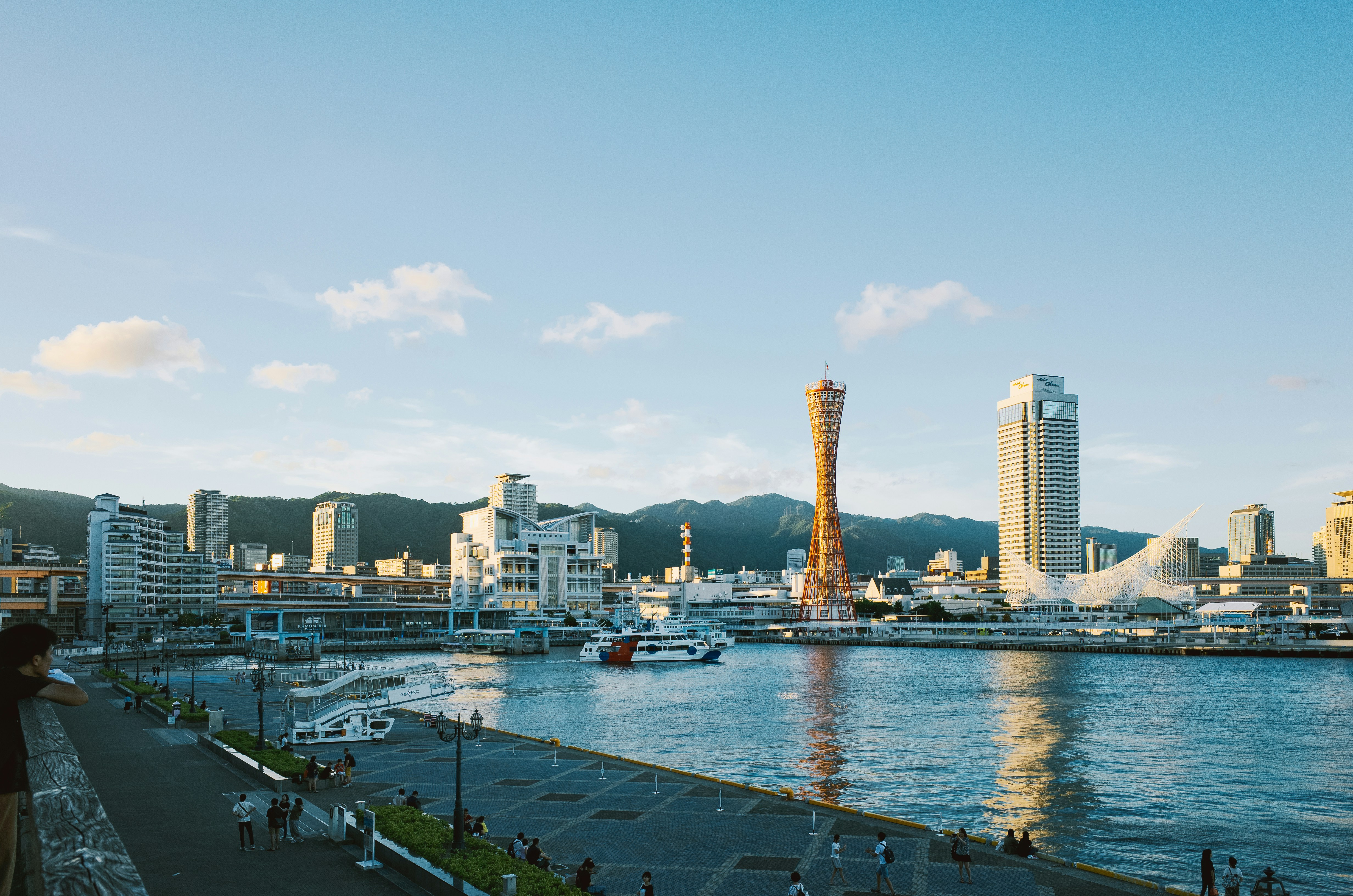 City skyline with harbor and distant mountains at sunset