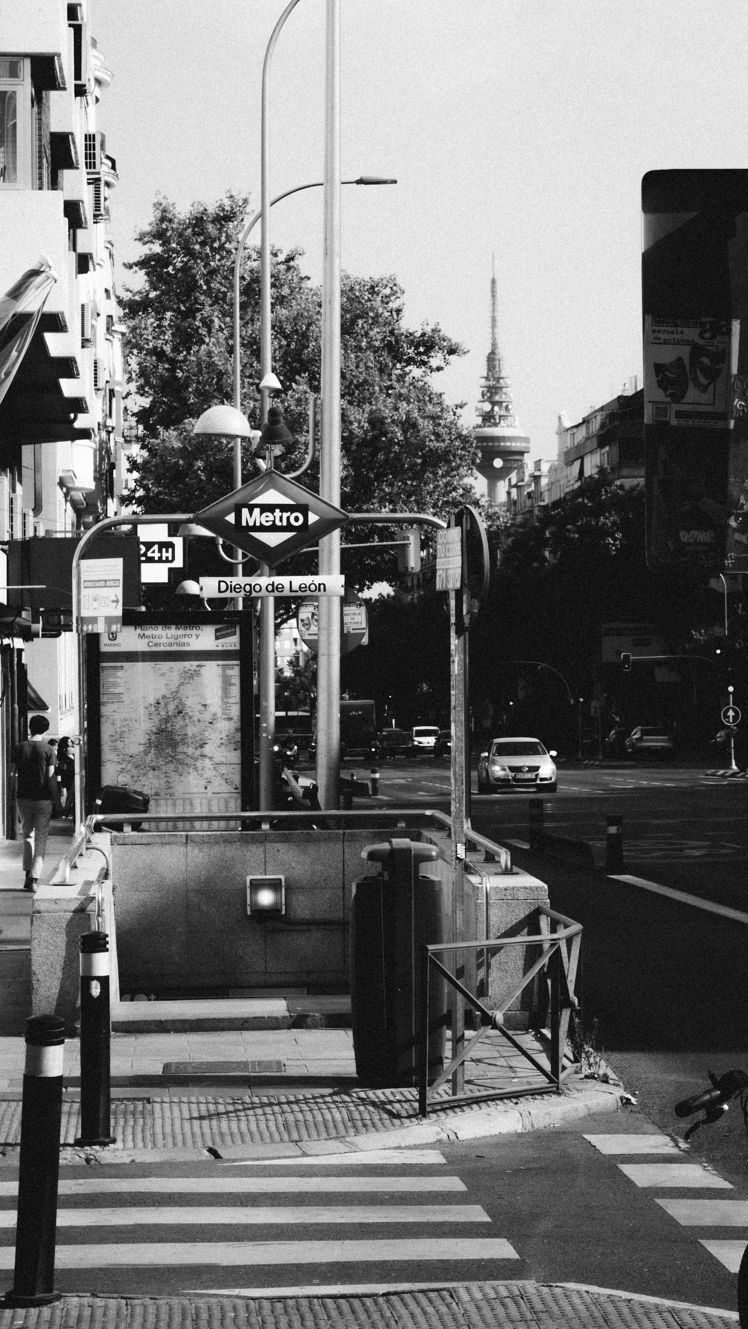Metro station entrance with street and buildings