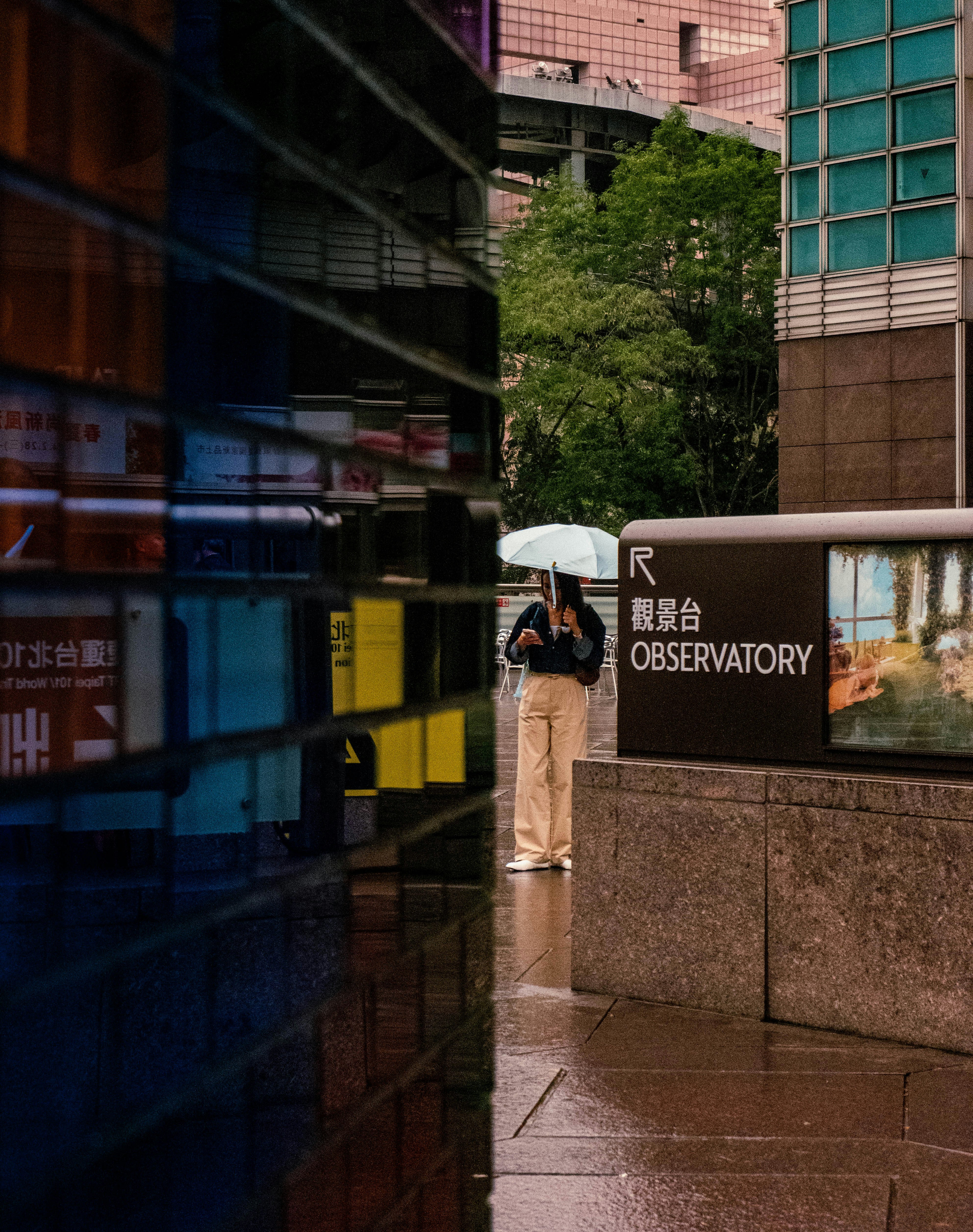 Person with umbrella on wet city street