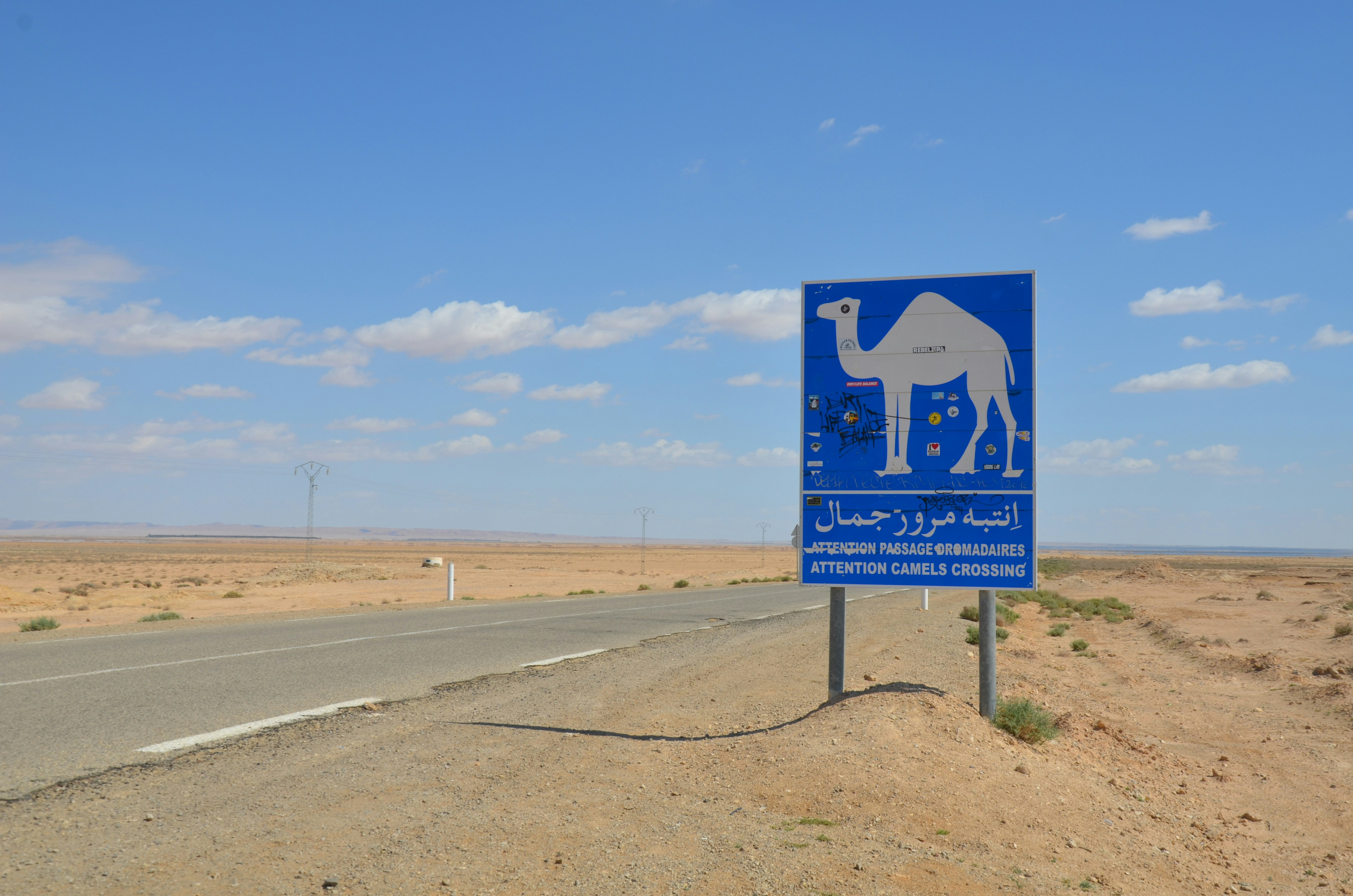 Camel crossing road sign in desert landscape