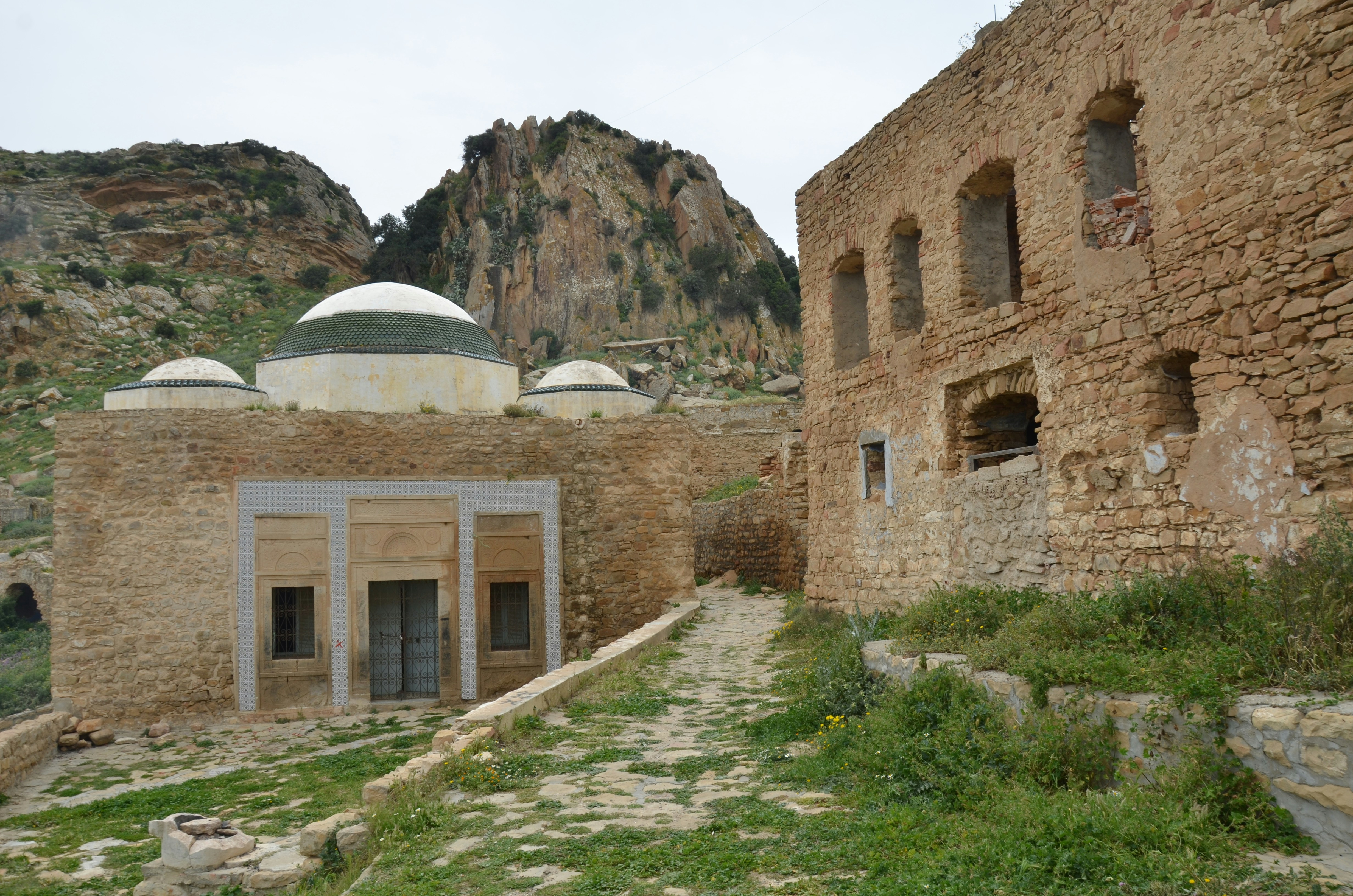 Ancient stone buildings with domes and mountains
