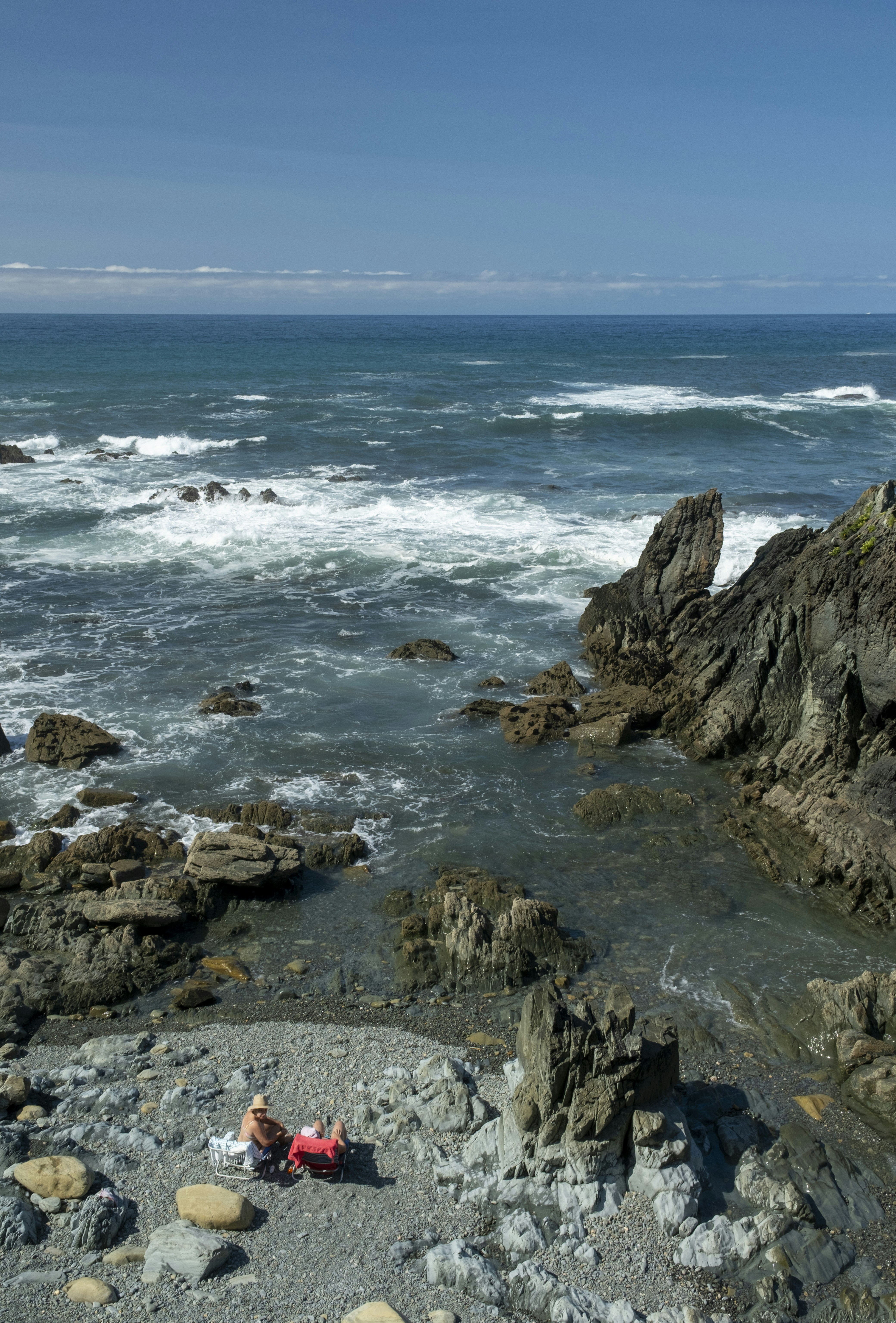 Zwei Personen beim Picknick an einem felsigen Ufer