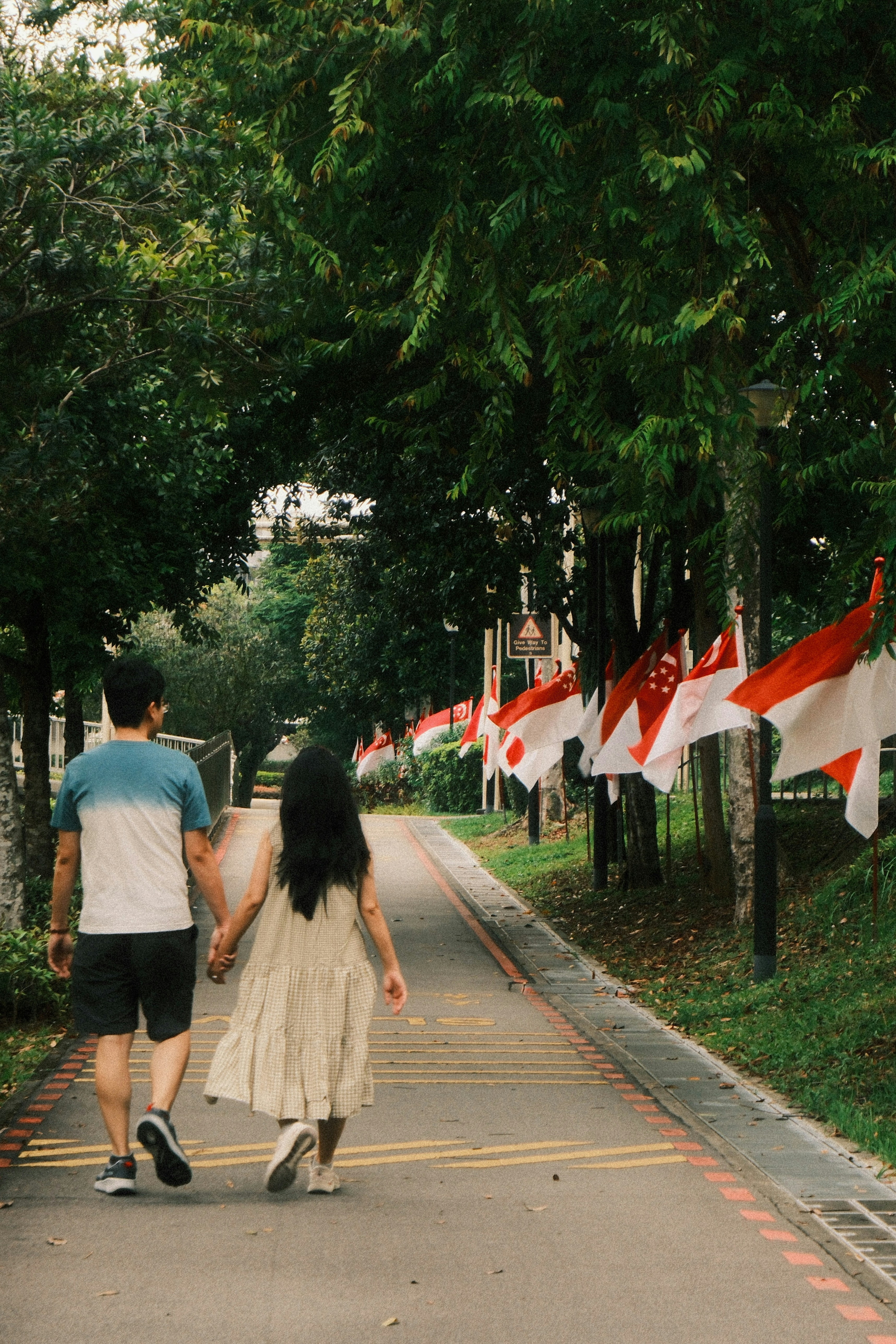 Couple holding hands walking down path with flags