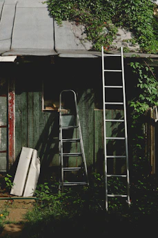 Two ladders lean against a weathered wooden building
