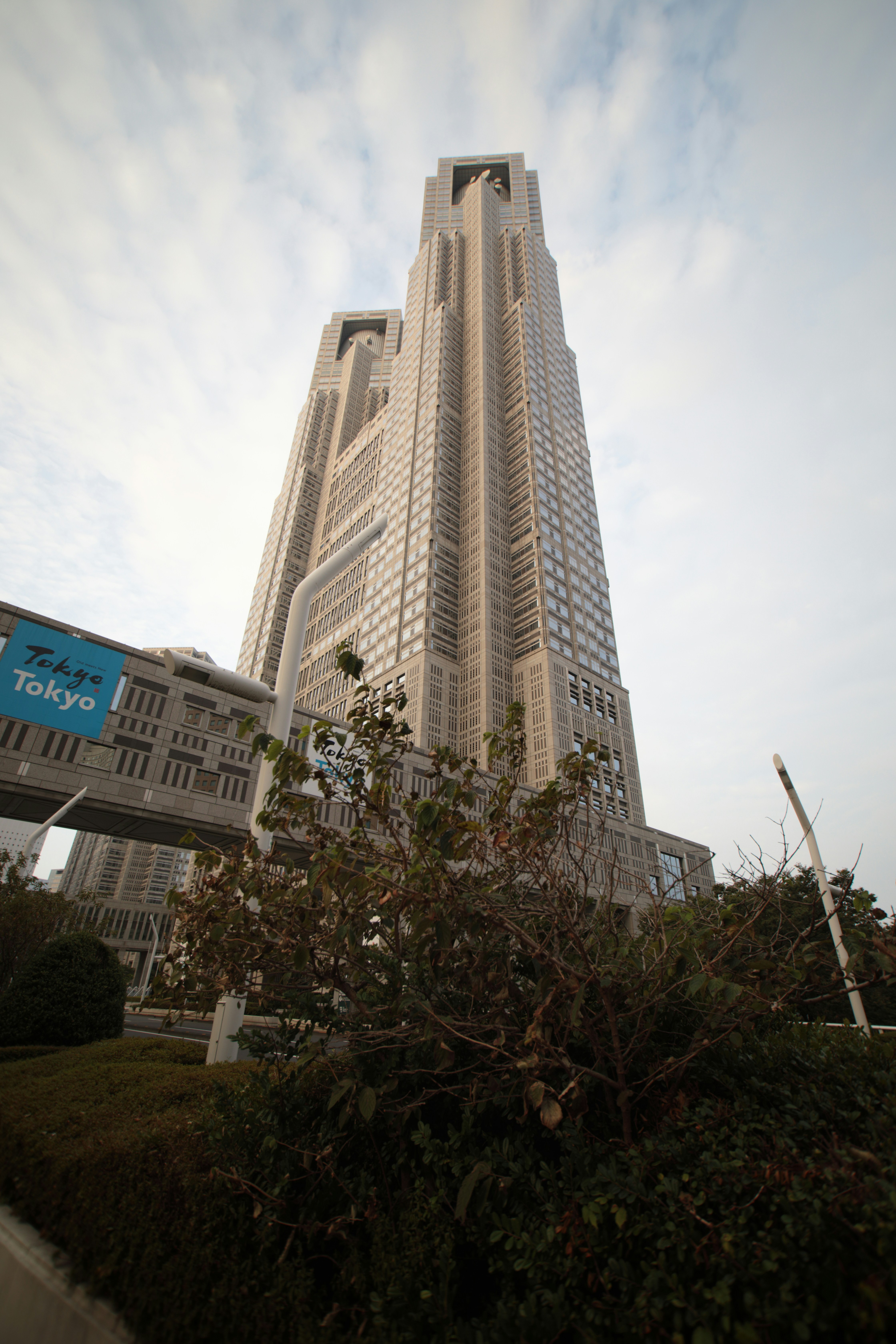 Modern skyscraper with skybridge and foliage
