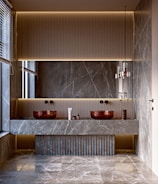 Modern bathroom with marble vanity and double sinks