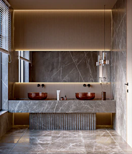 Modern bathroom with marble vanity and double sinks