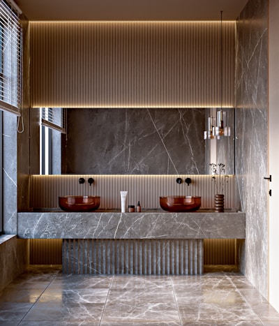 Modern bathroom with marble vanity and double sinks