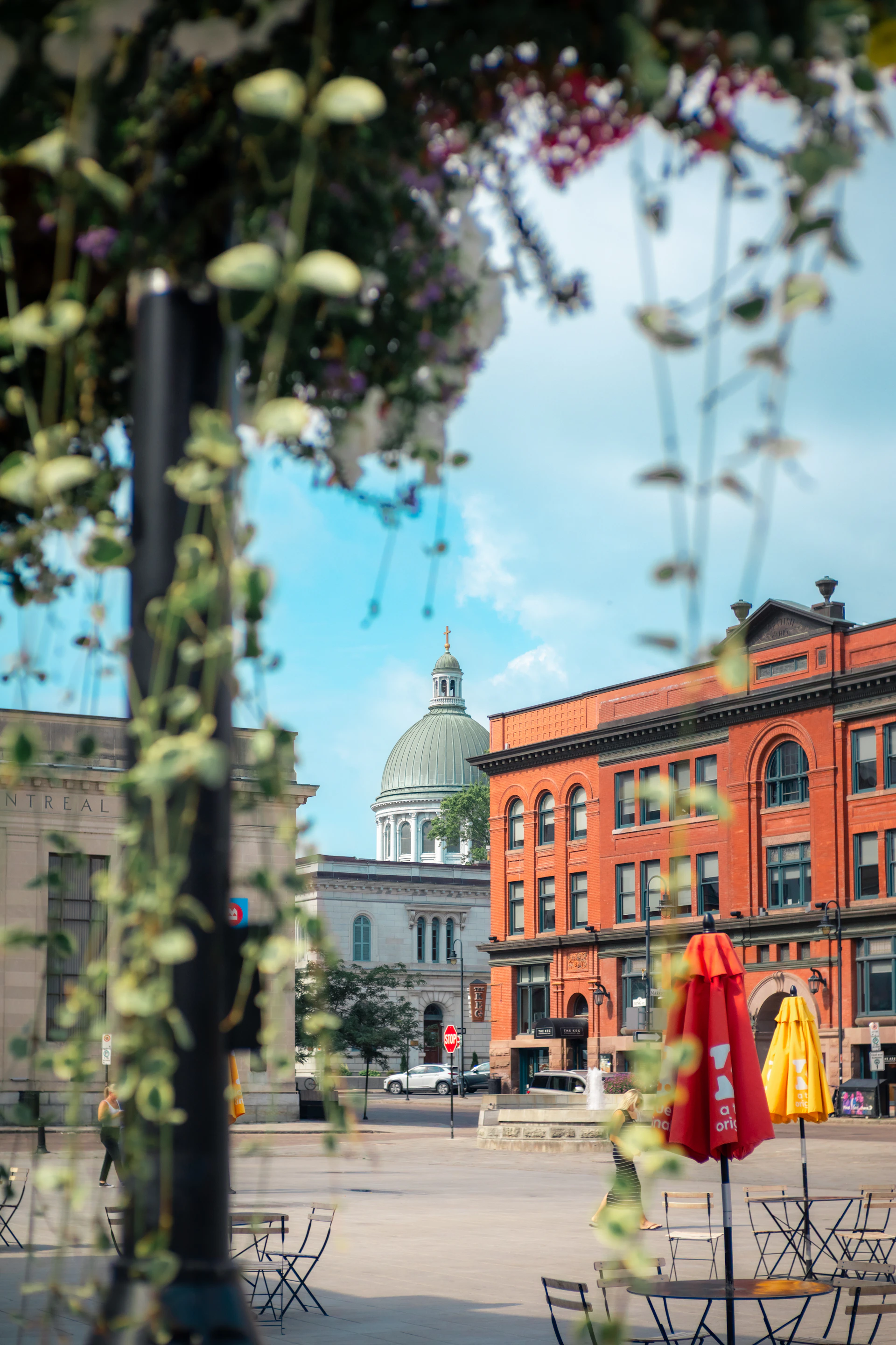 City square with historic buildings and umbrellas