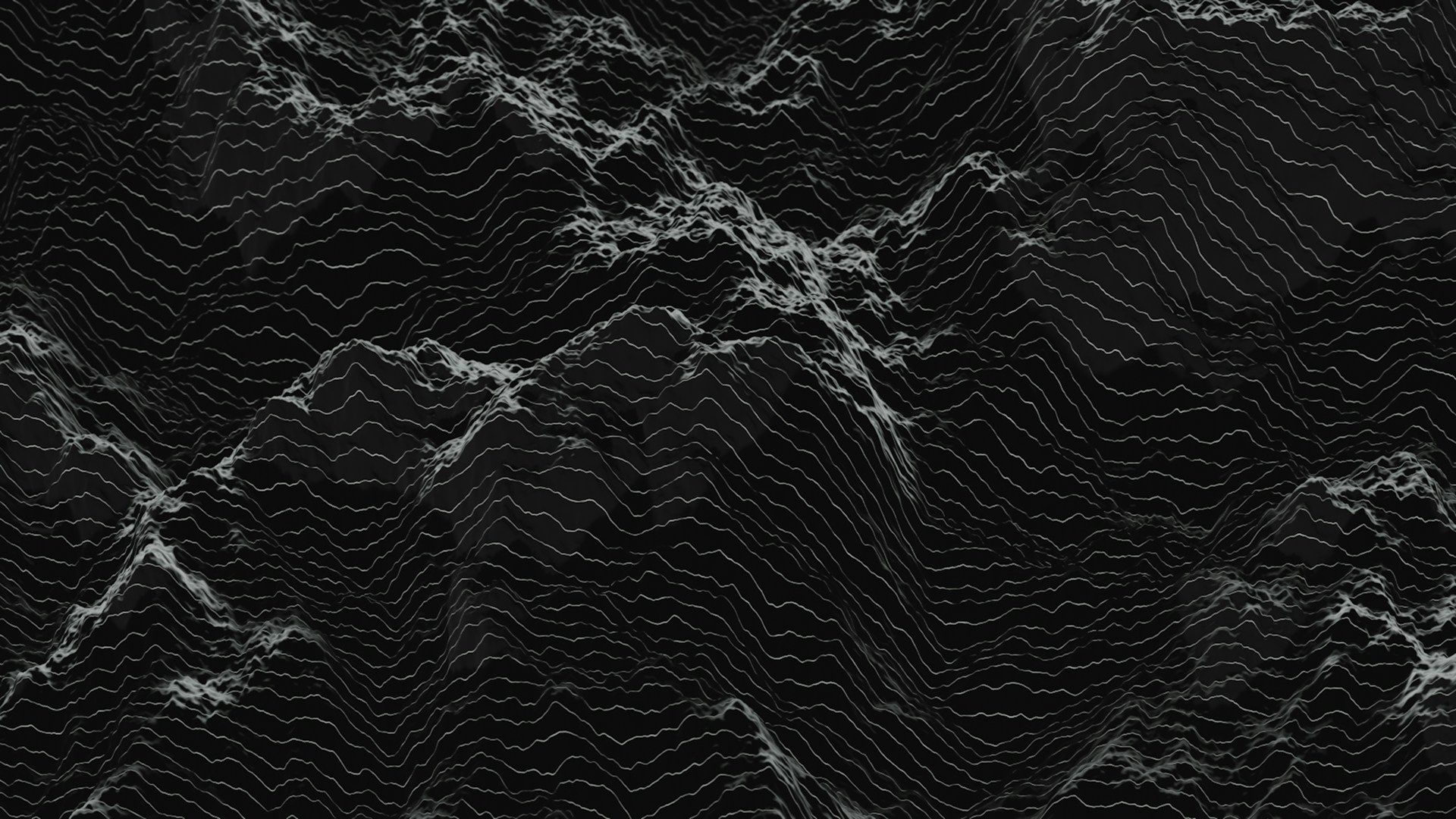 Abstract dark landscape with textured mountain peaks.