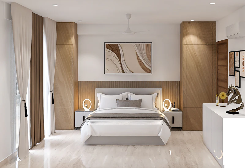 Wood and linen bedroom interior, India