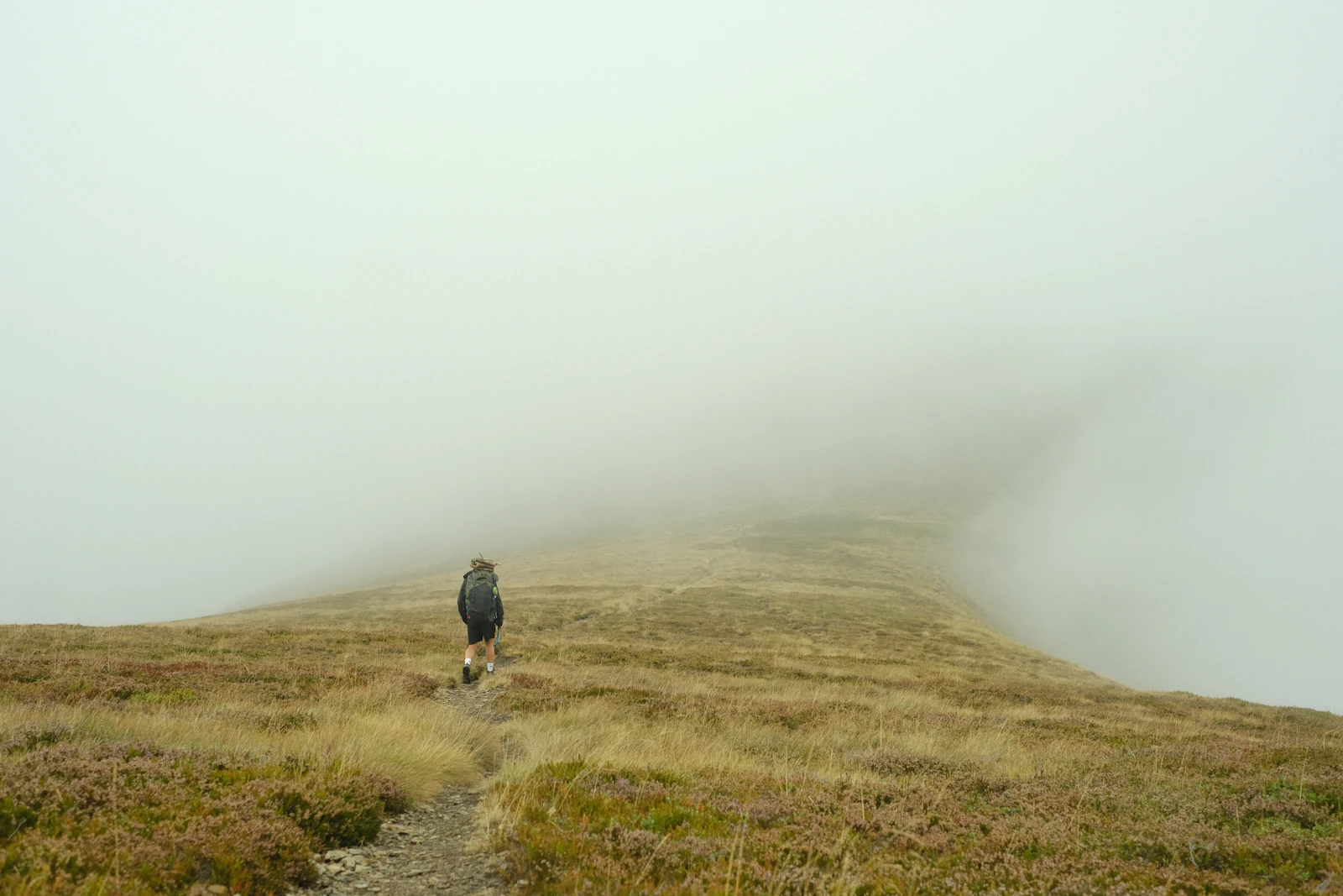 Senderista caminando por un sendero cubierto de niebla en la montaña