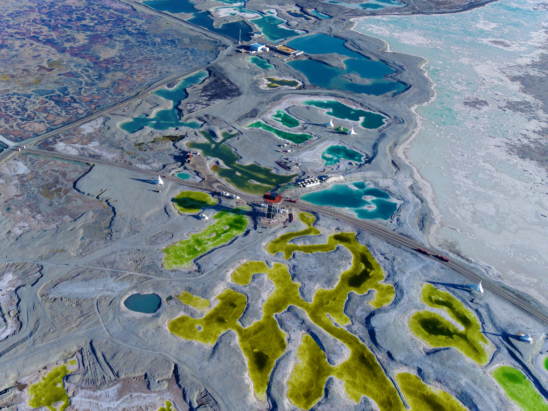 Aerial view of bright mineral pools