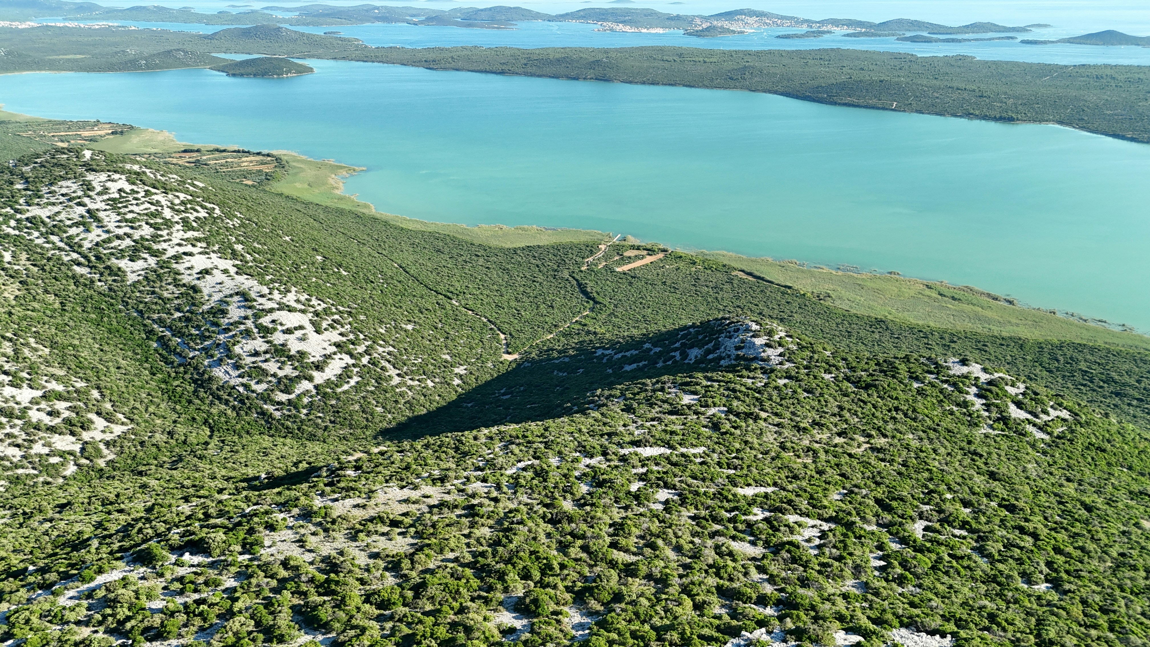 Grüne Hügel treffen unter klarem Himmel auf türkisfarbenes Wasser.