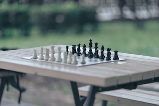 Chess pieces arranged on a board on a table.