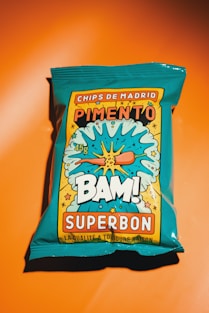 Bag of pimento chips with "bam!" design