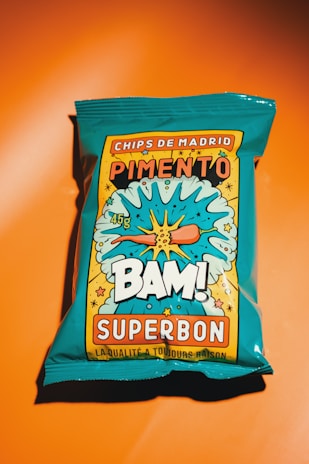 Bag of pimento chips with "bam!" design