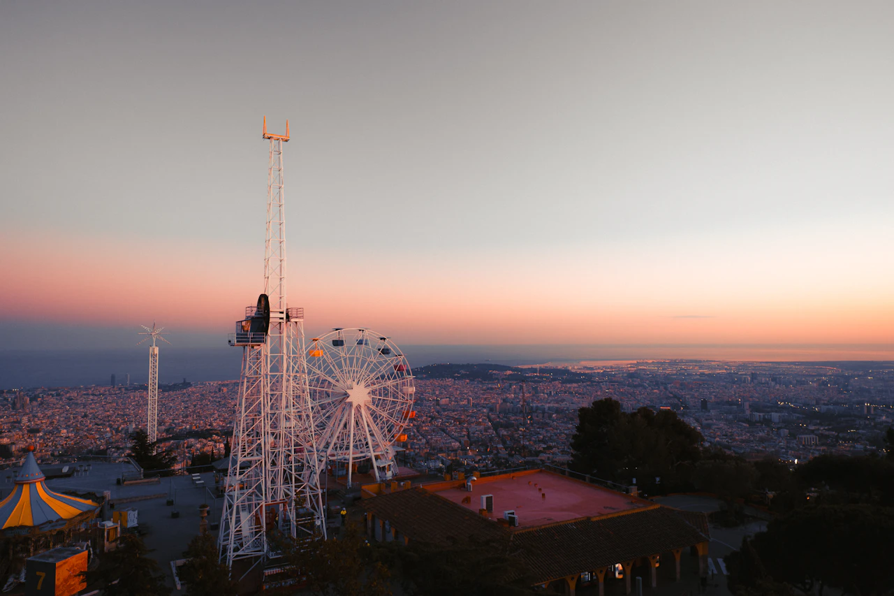 Barcelona skyline view from Tibidabo Mountain at sunset