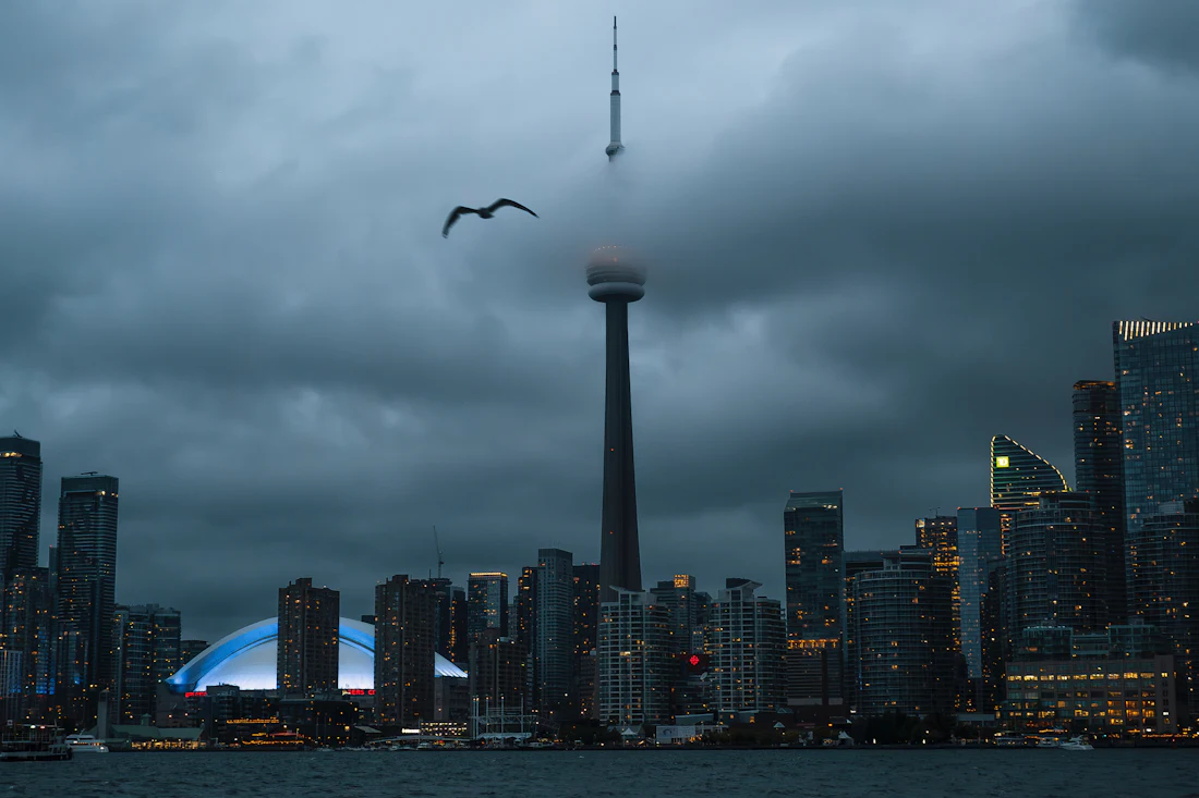 The Toronto skyline with the CN Tower under cloud