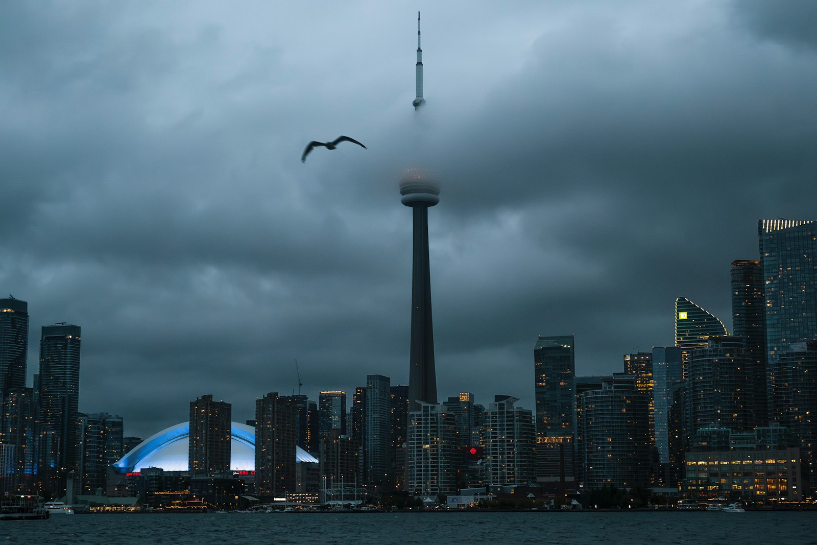 Toronto skyline at dusk with the CN Tower rising above the waterfront