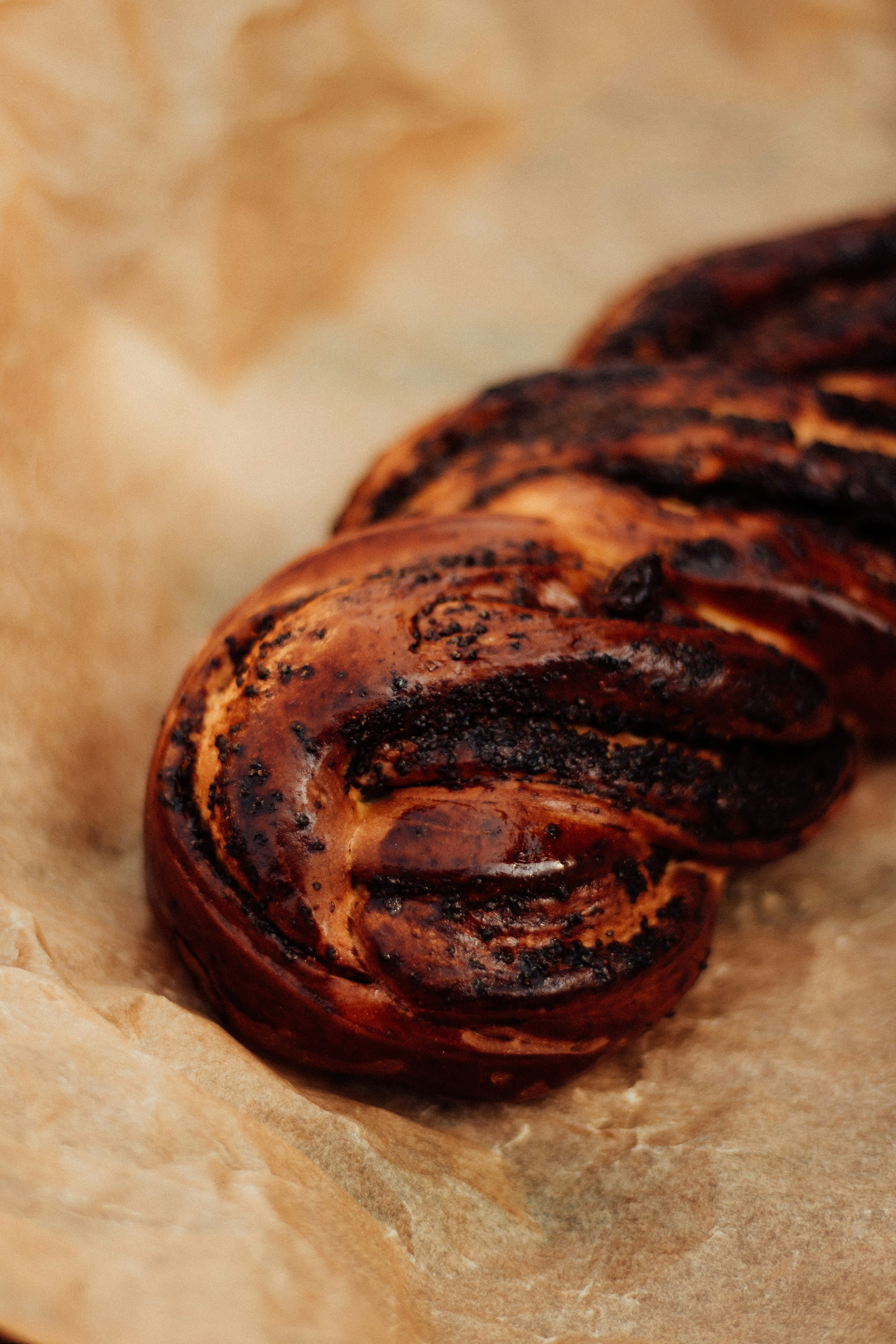 Close-up of a twisted chocolate babka on parchment paper.