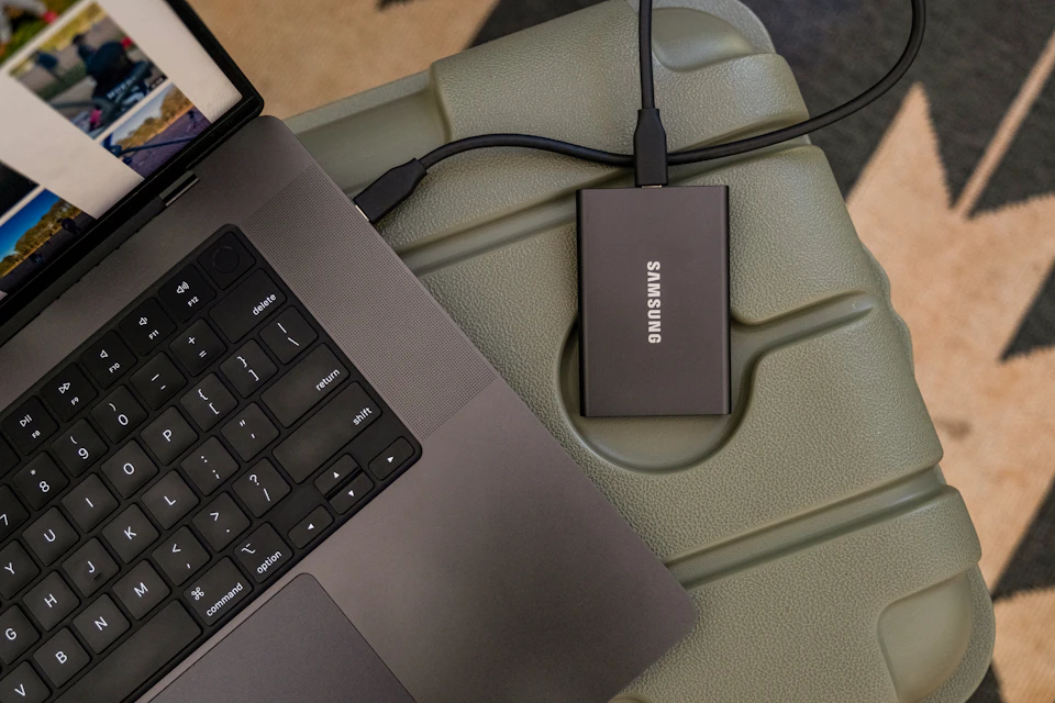 External hard drive connected to a laptop