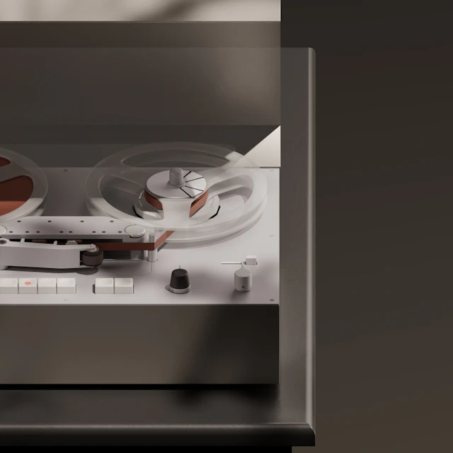 Detailed rendered view of a vintage Braun TG 60 reel-to-reel tape recorder with clear dust cover and control knobs