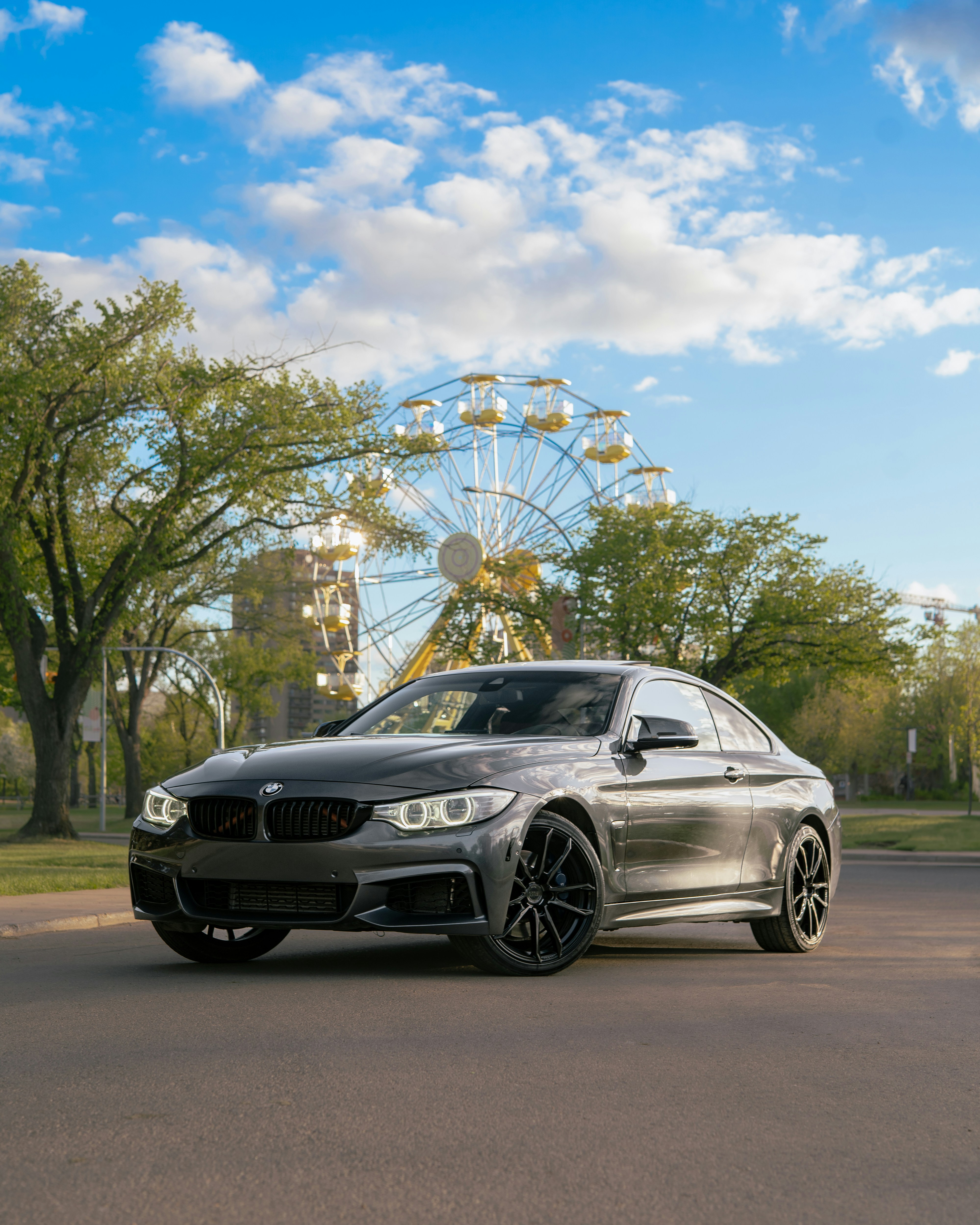 Dark car parked with ferris wheel and trees.