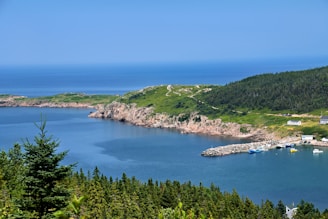 Coastal village with boats in a sheltered bay