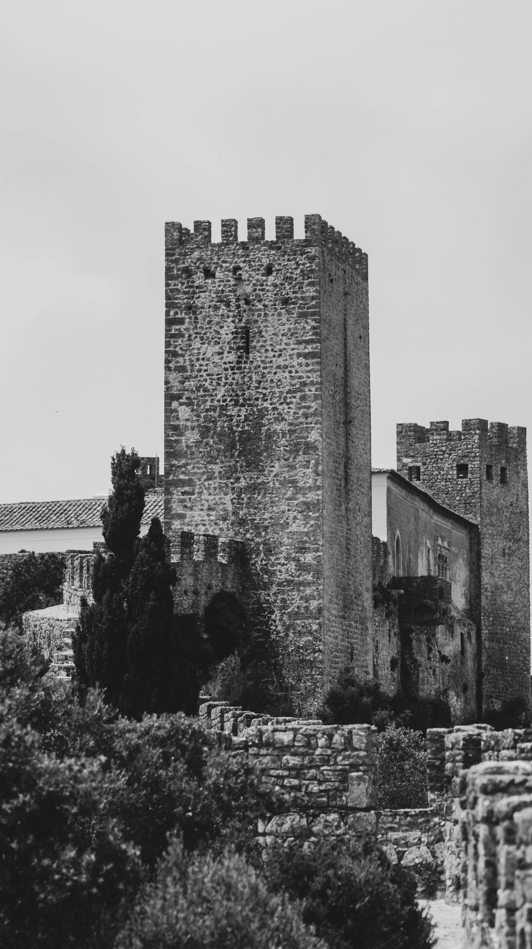 Ancient stone castle towers with crenellated battlements