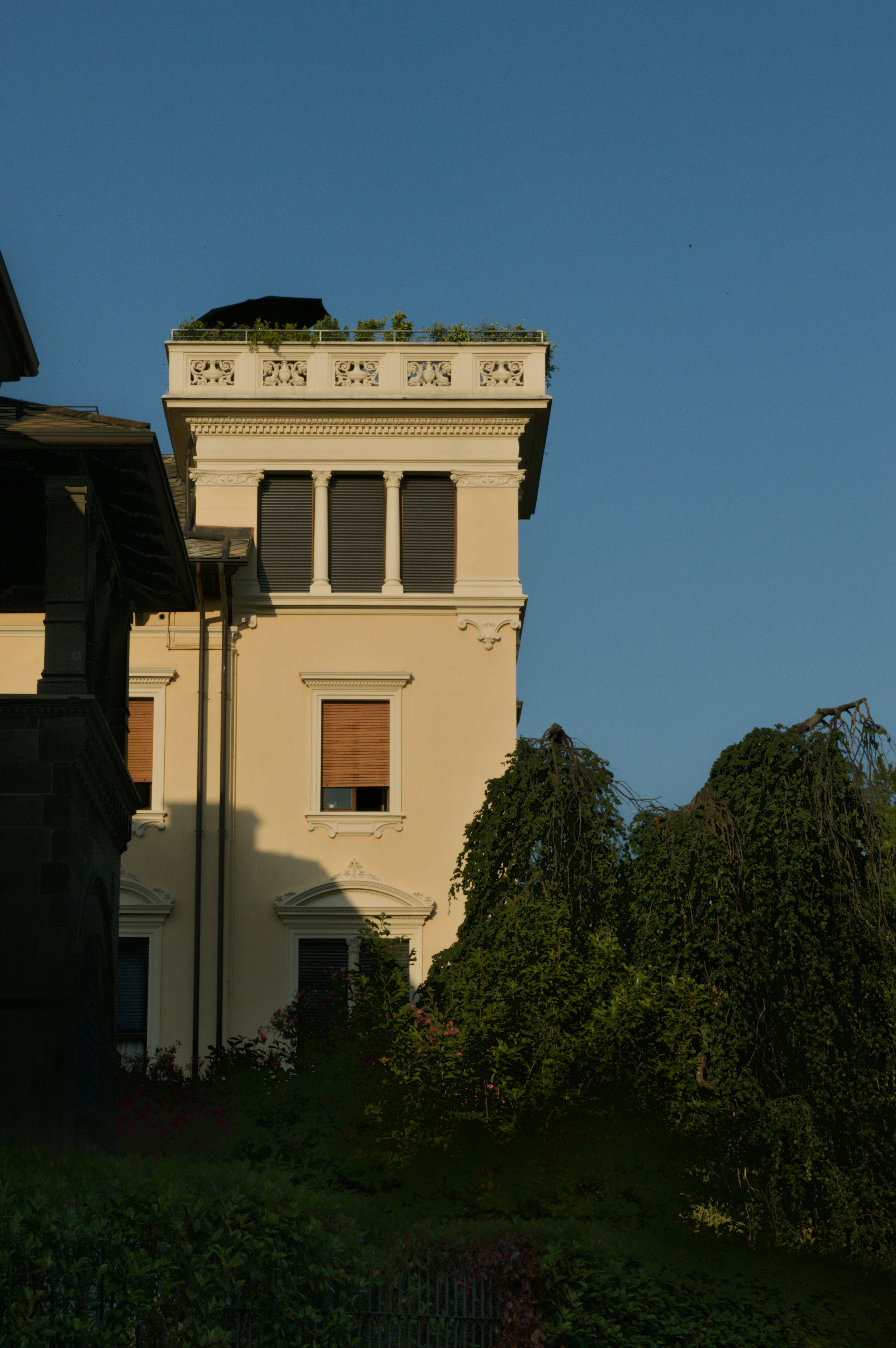 Yellow building with windows and trees against blue sky