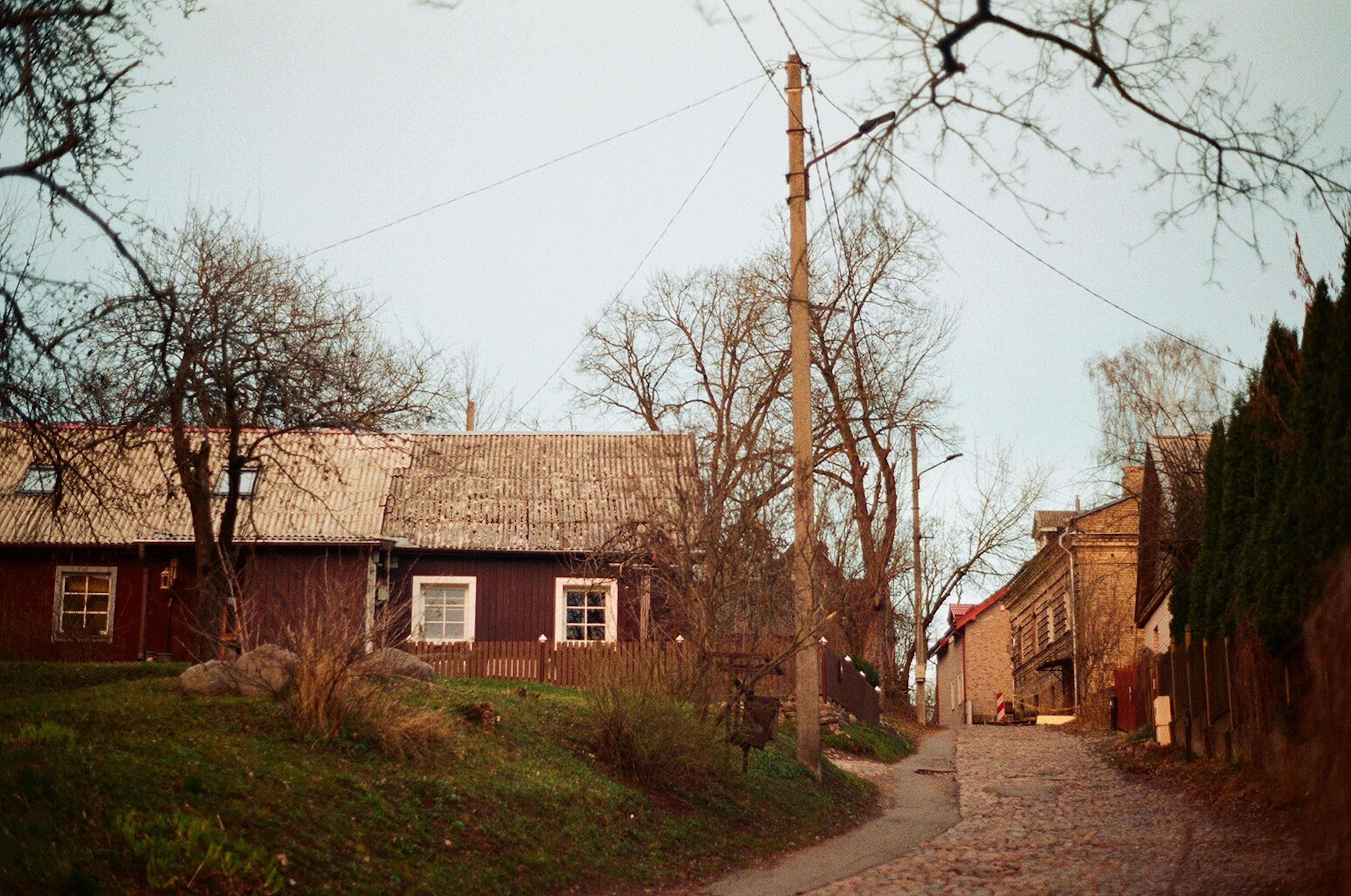 Rural village street with wooden houses and trees