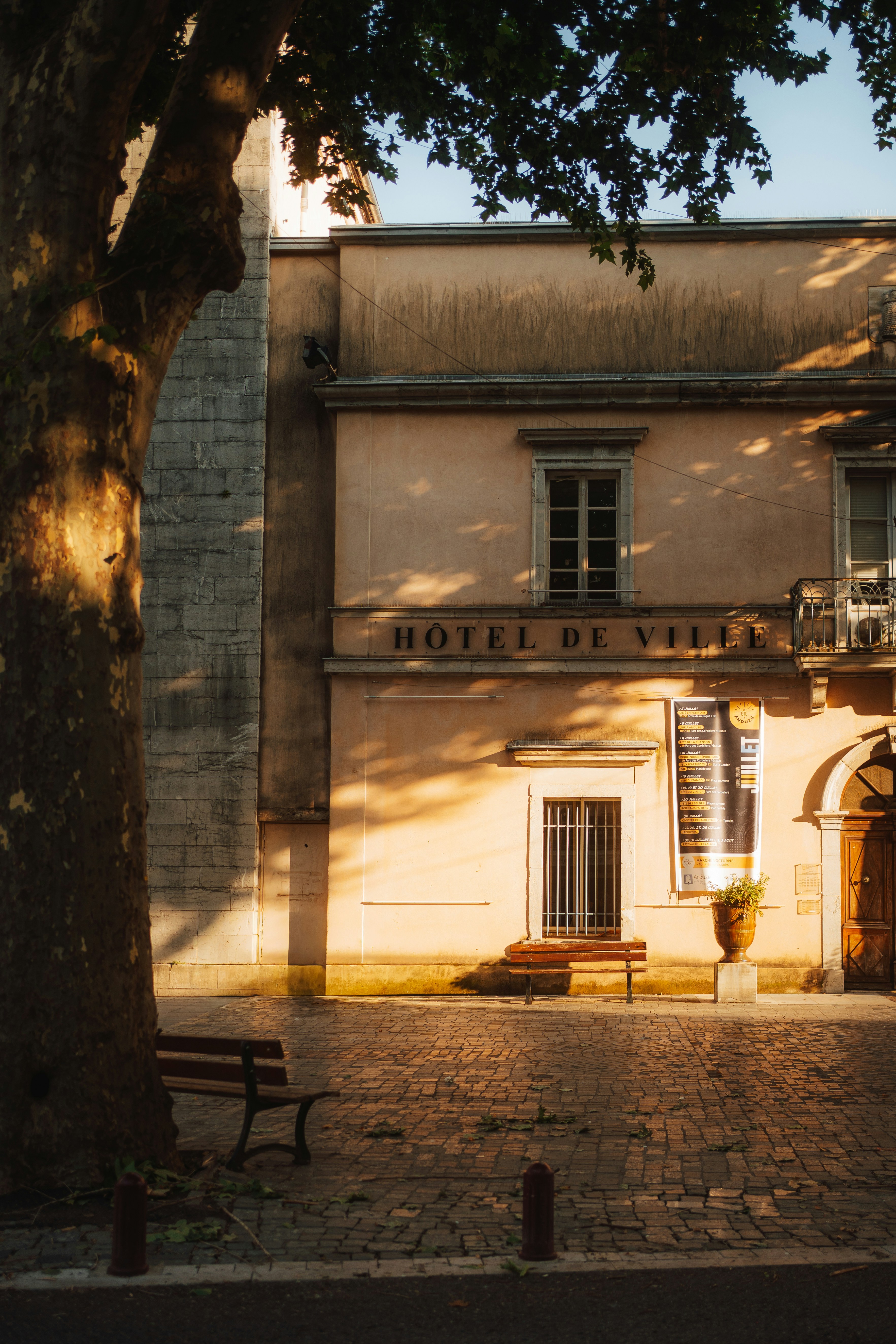 Hotel de ville building with tree and bench