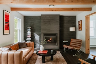 Modern living room with leather sofa and fireplace
