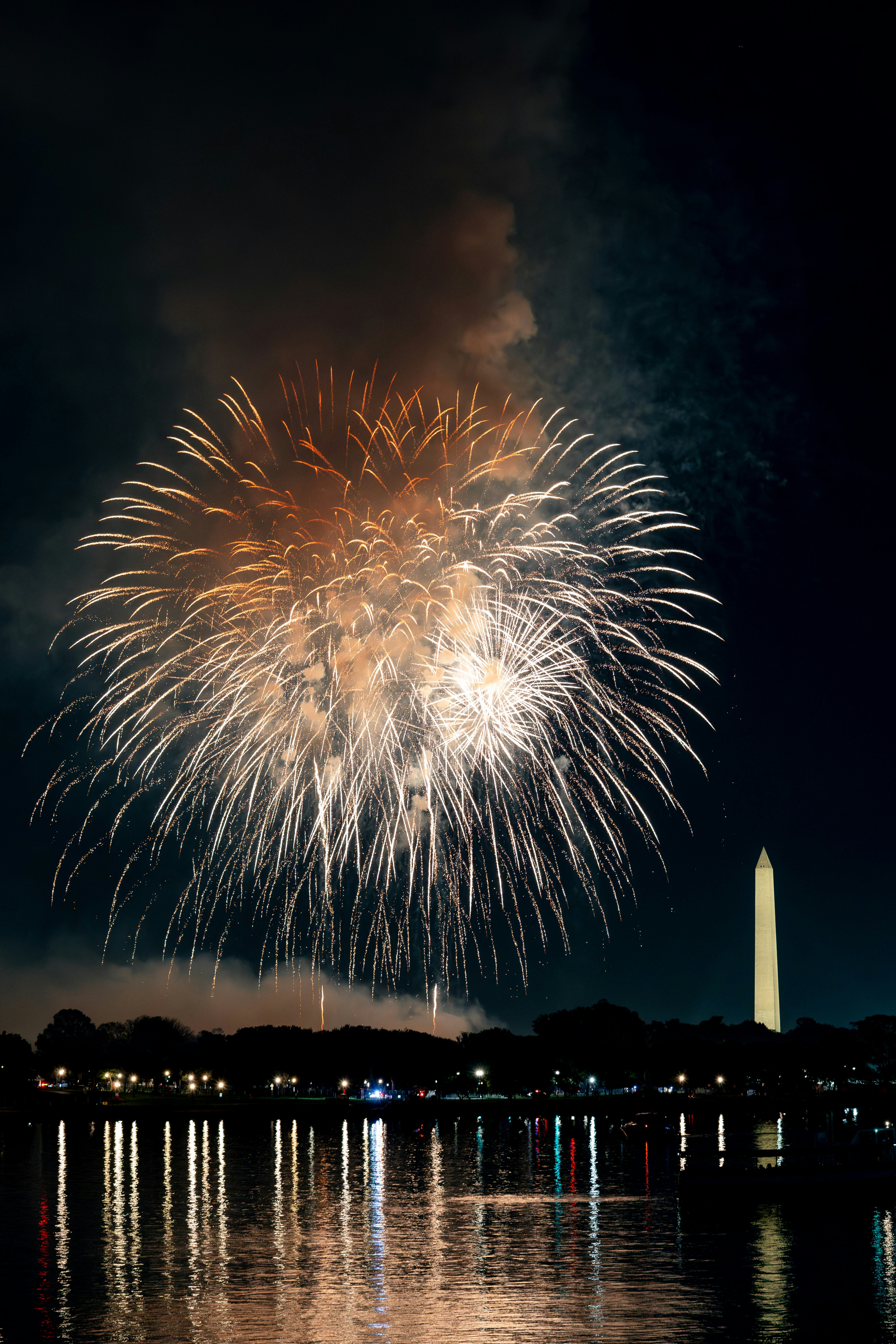 Fireworks explode over the washington monument at night.
