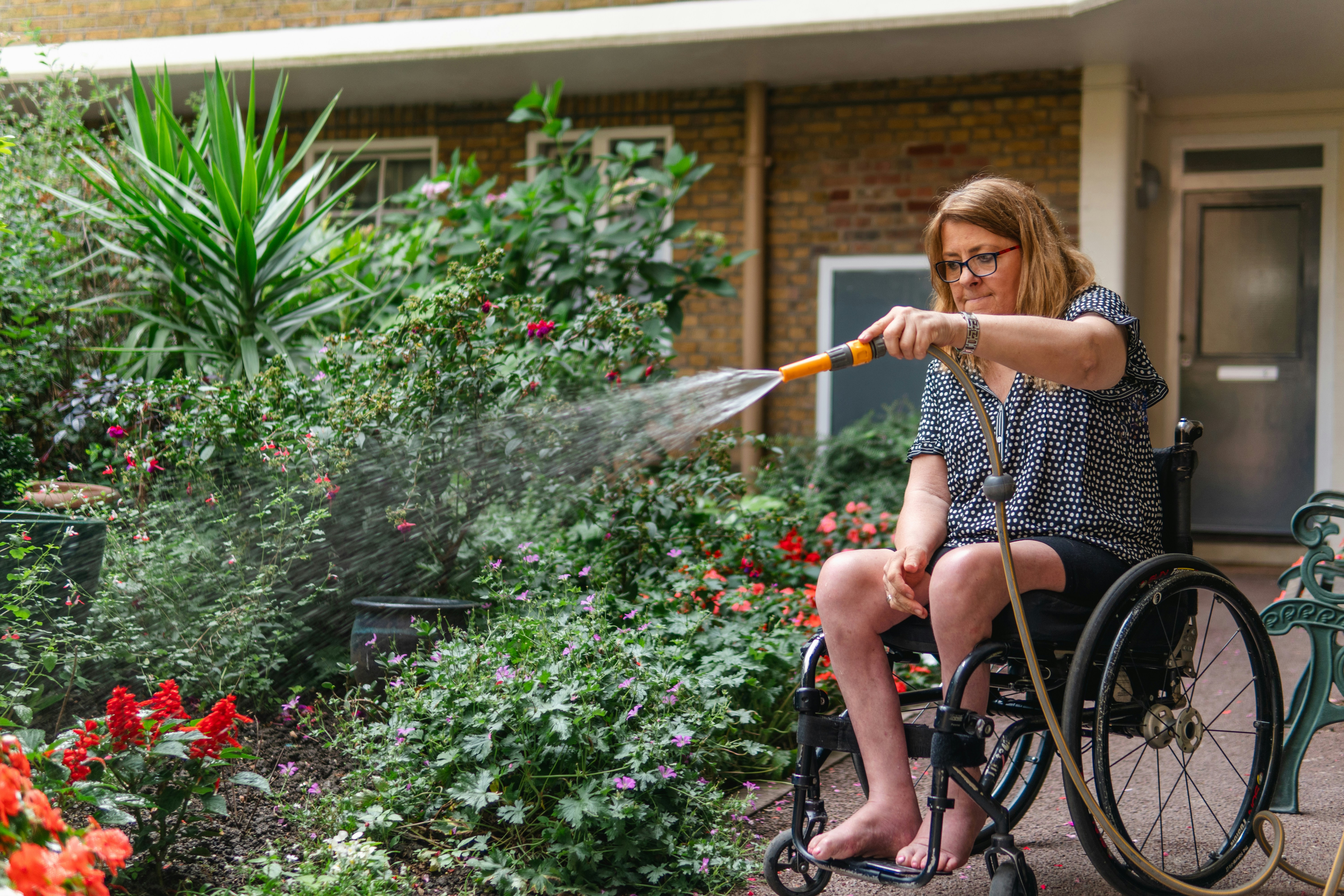 Woman in wheelchair waters plants in garden.