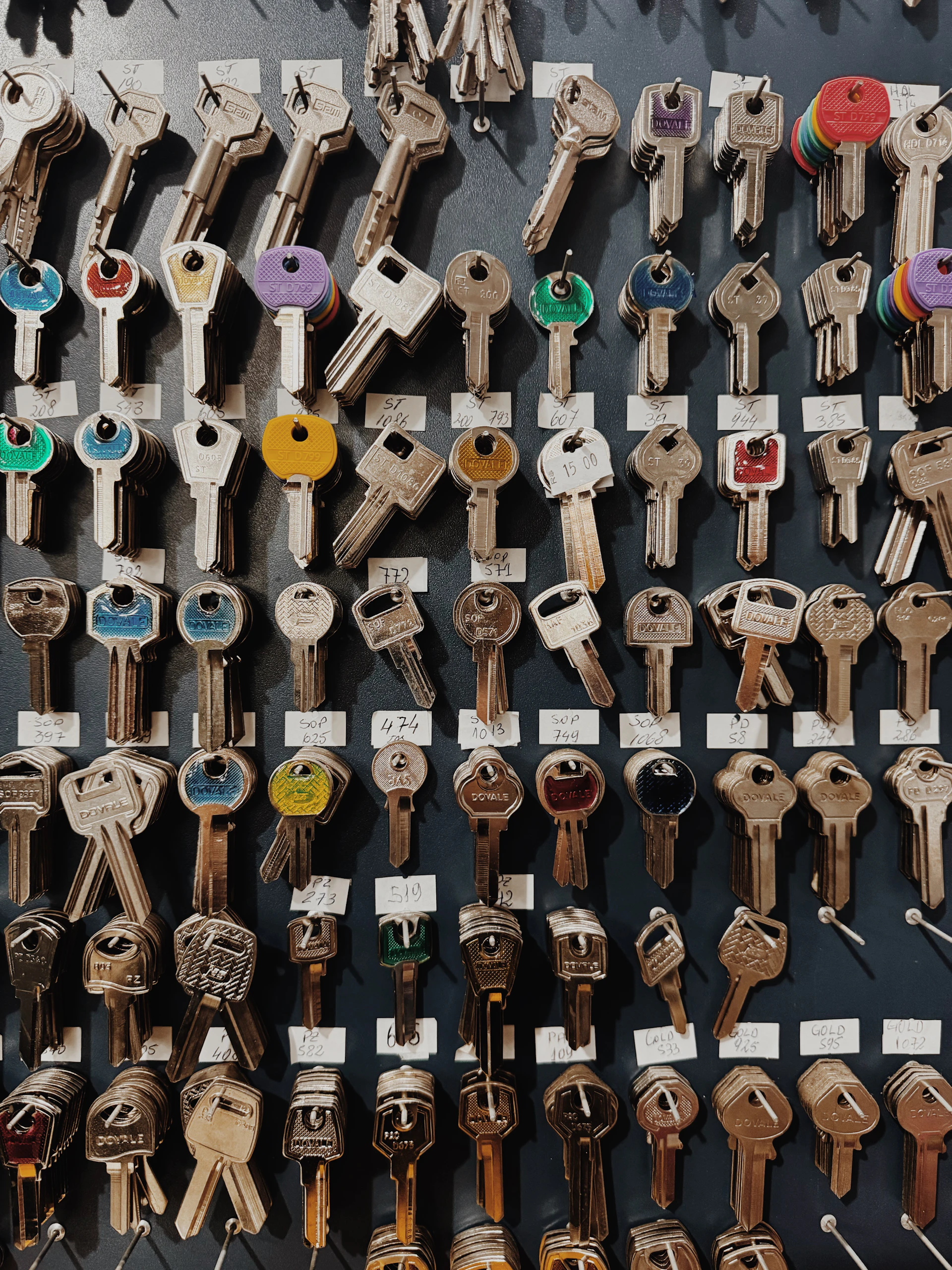Wall of key blanks in a locksmith shop