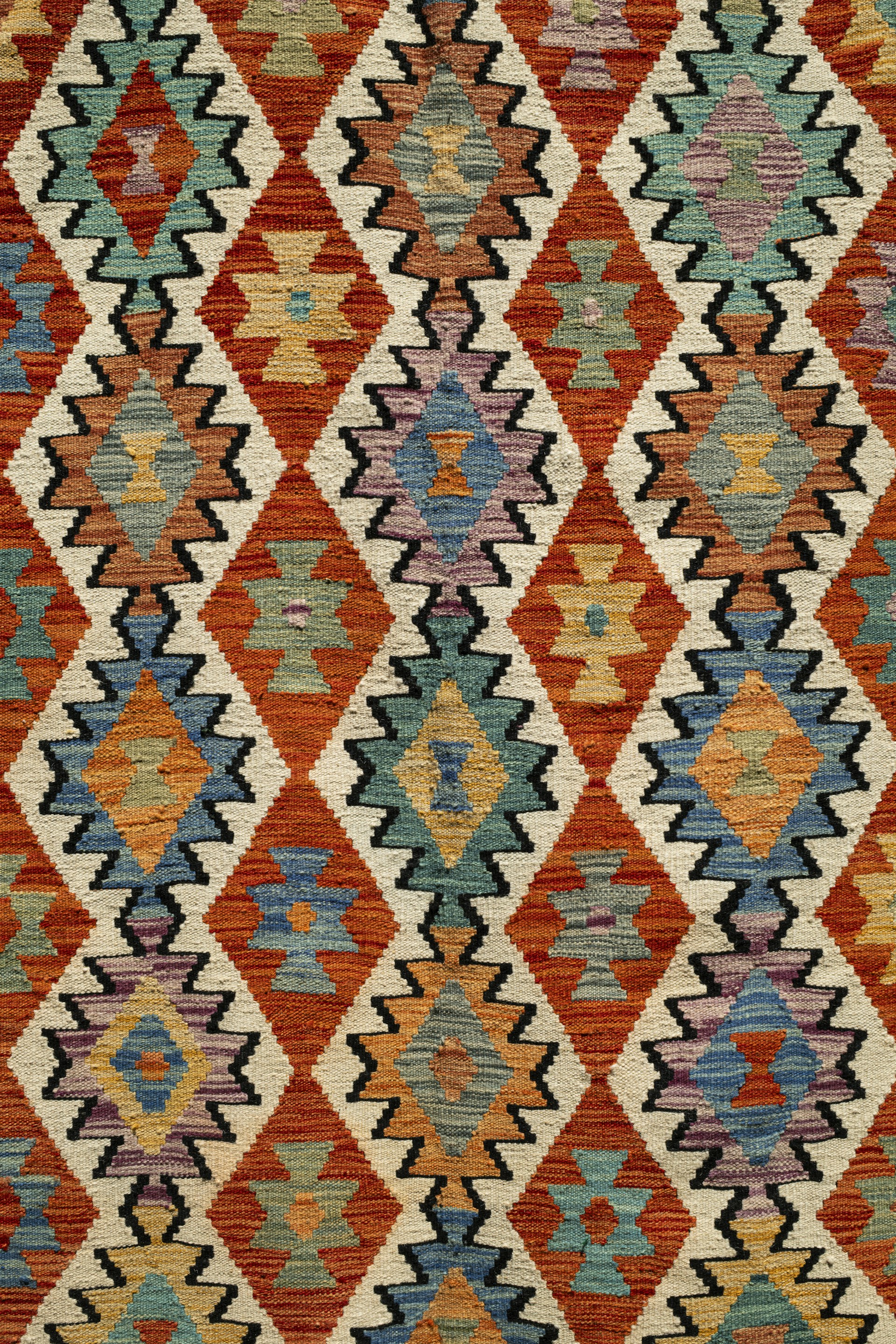 Colorful geometric pattern on a woven rug
