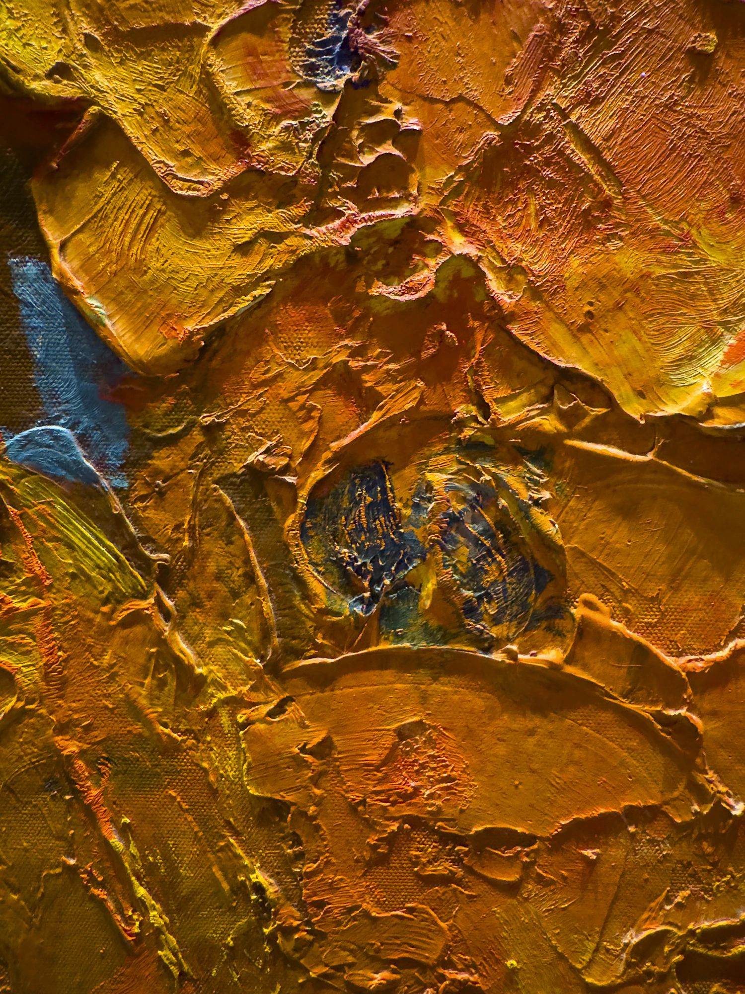 Orange oil laid on thickly, hung forward of the wall on a projecting bracket
