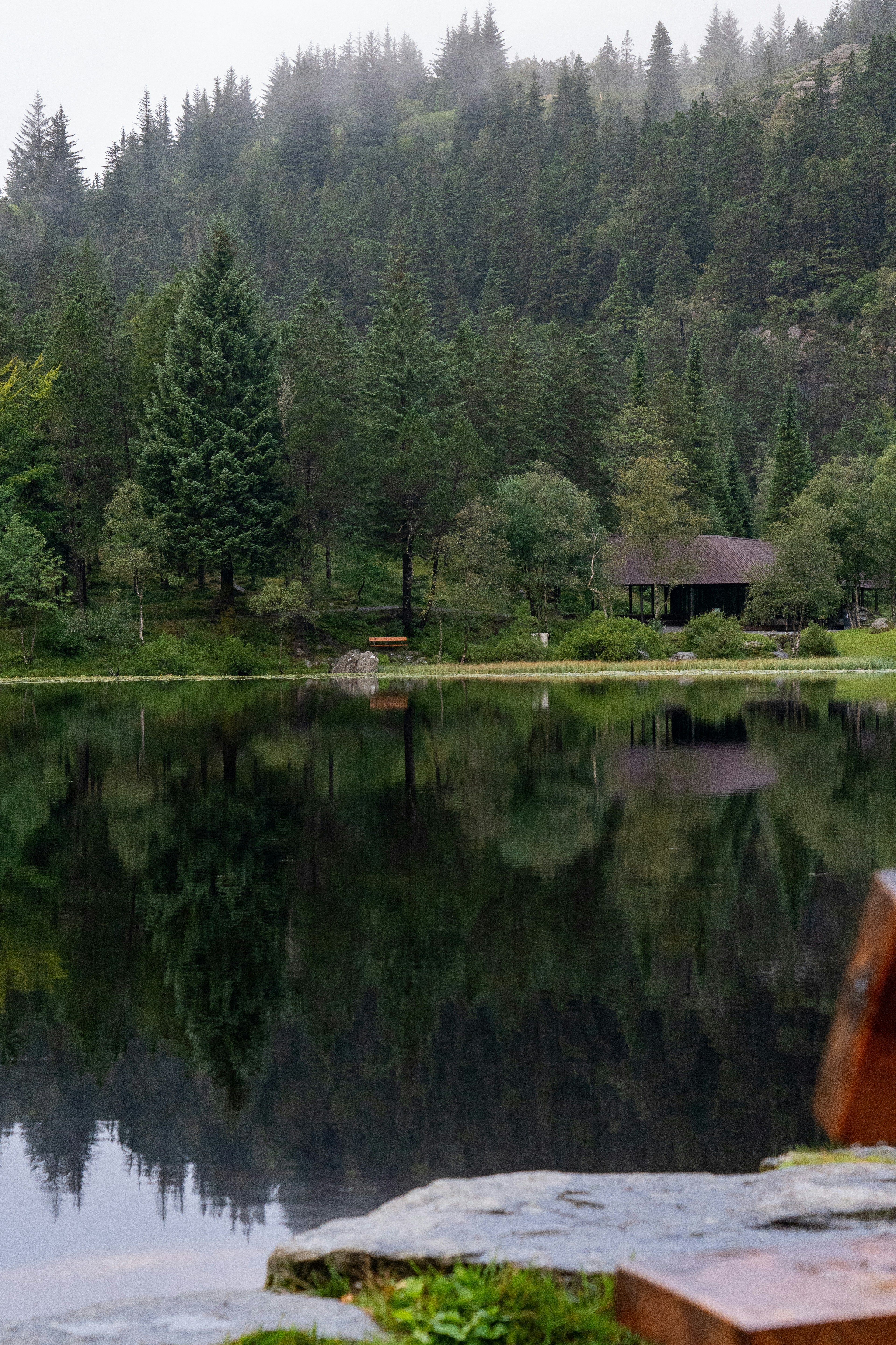Tranquil lake reflecting a dense forest and a small cabin.