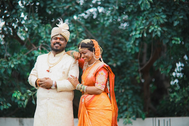 Traditional wedding couple outdoors