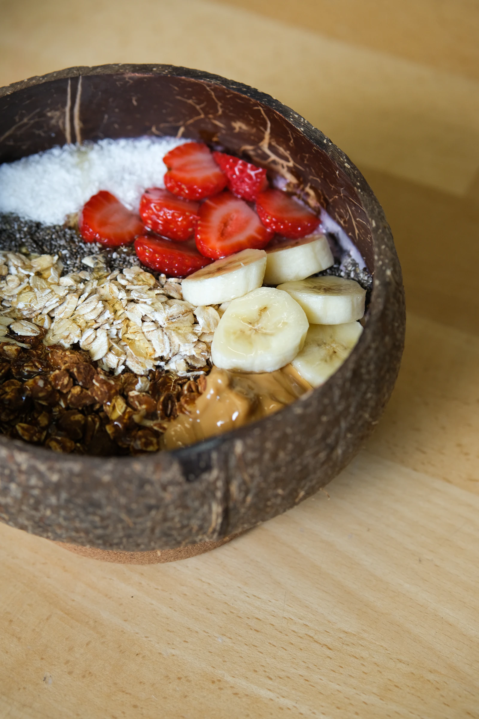 Real breakfast bowl with granola and fresh fruit