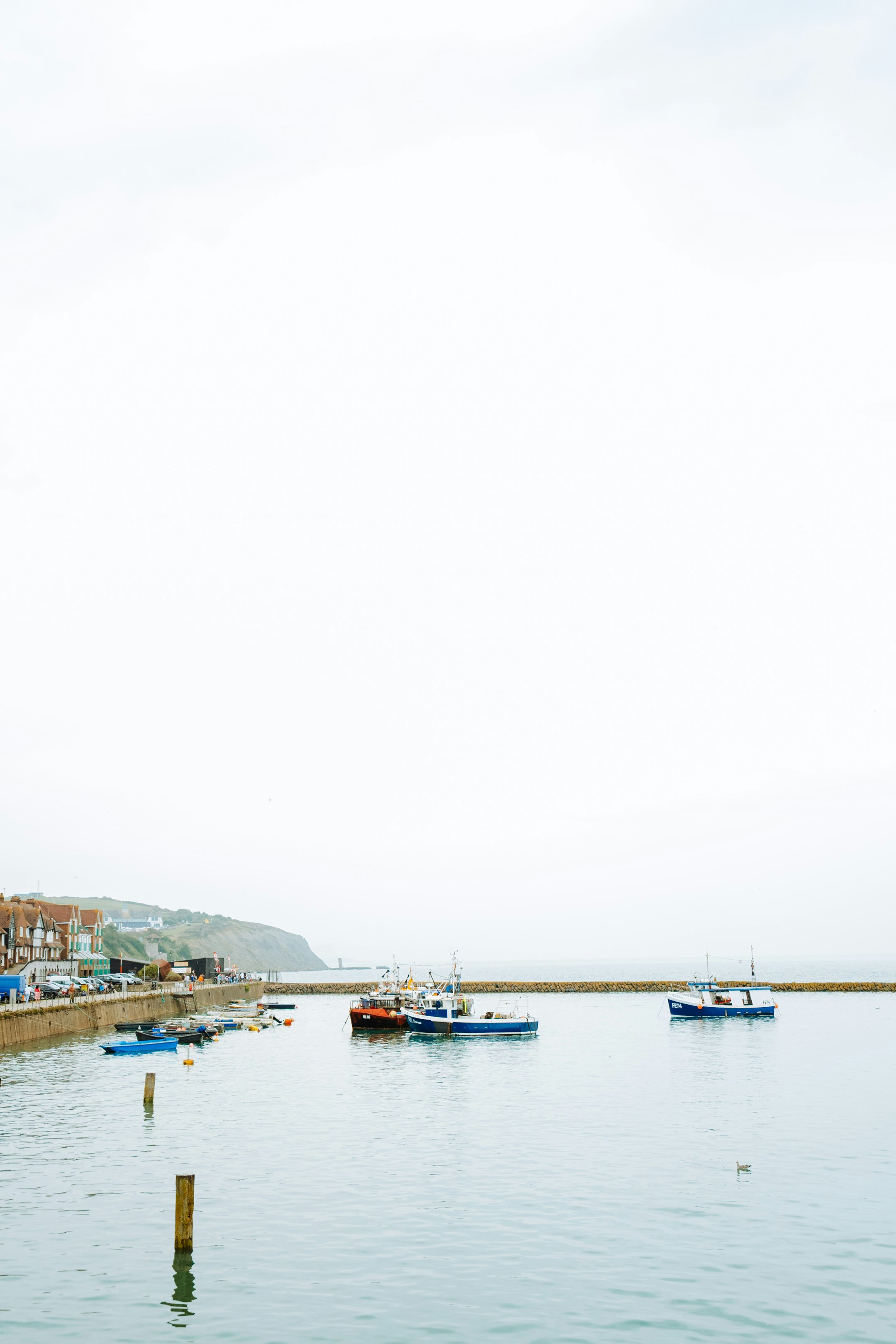 Boats moored in a calm harbor with buildings on shore.