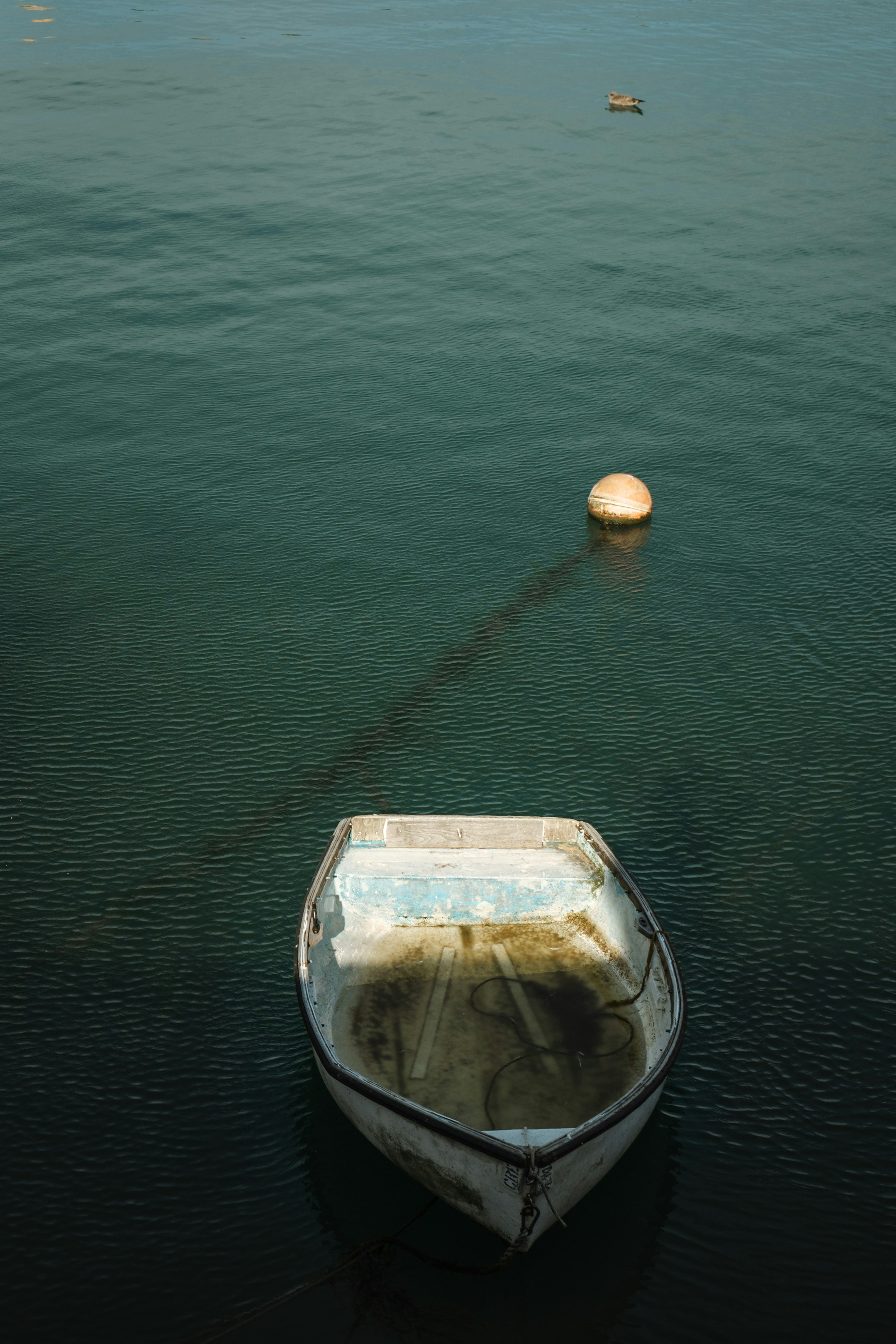 A small boat floats on the calm, dark water.